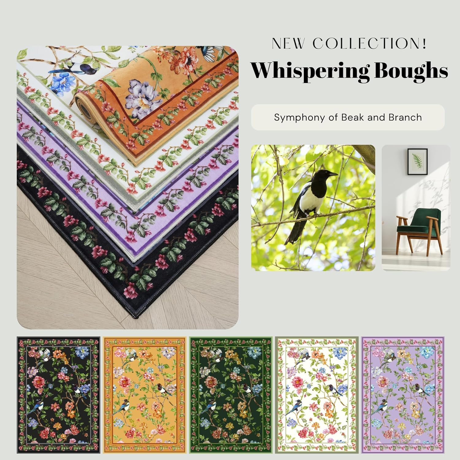 Bedroom Rug 3x5 Rug Washable Area Rug Non Slip Low Pile Floral Bird Magpies Animal Small Carpet for Bedroom, Bedside, Kitchen, Entryway, Kids Room, Office, College Dorm Essentials for Girls