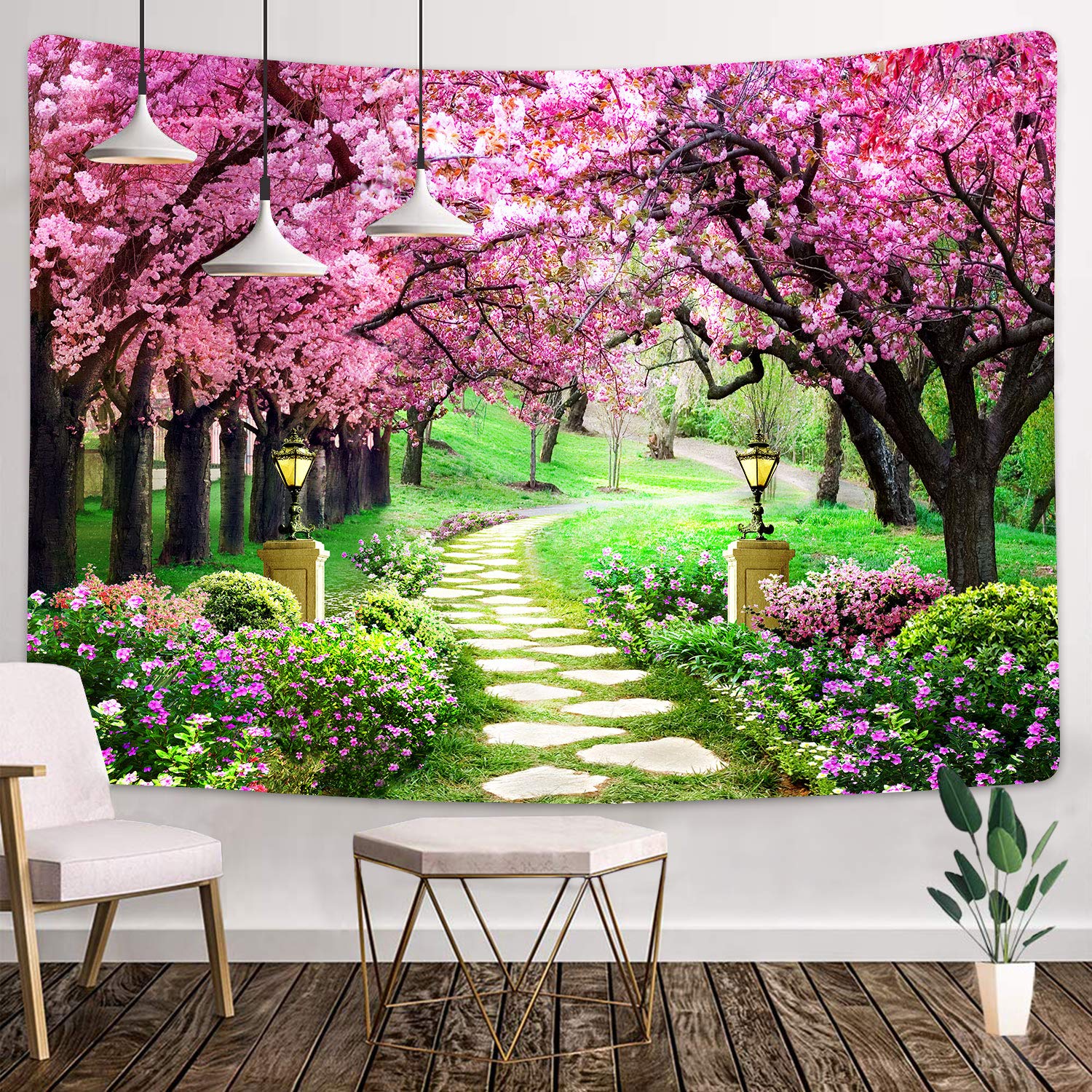 MEETSIOY Cherry Blossom Tapestry 93x71 Inches Floral Cherry Blossom Trees Tapestry Park Path Tapestry for Children Adults Room Decoration GTLSMT85