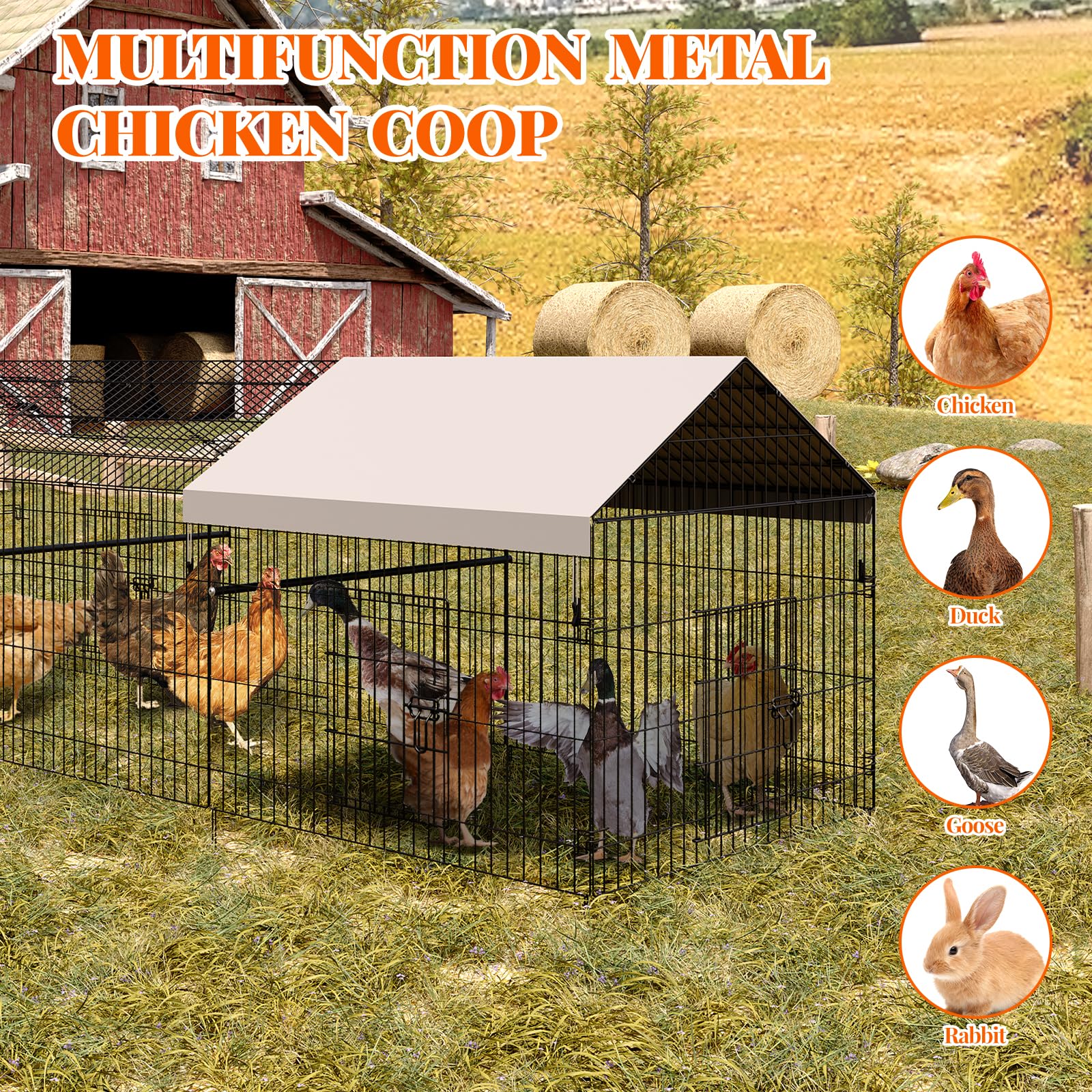 Hühnerstall aus Metall, 3,3x1x1m Großer Freilaufgehege mit Sicherheitsschloss & Wasserdichtes Dachabdeckung, Freigehege mit 4 Türen & 1 Fenster, Hühnerhaus Outdoor für Vogelkäfig & Weitere Kleintiere