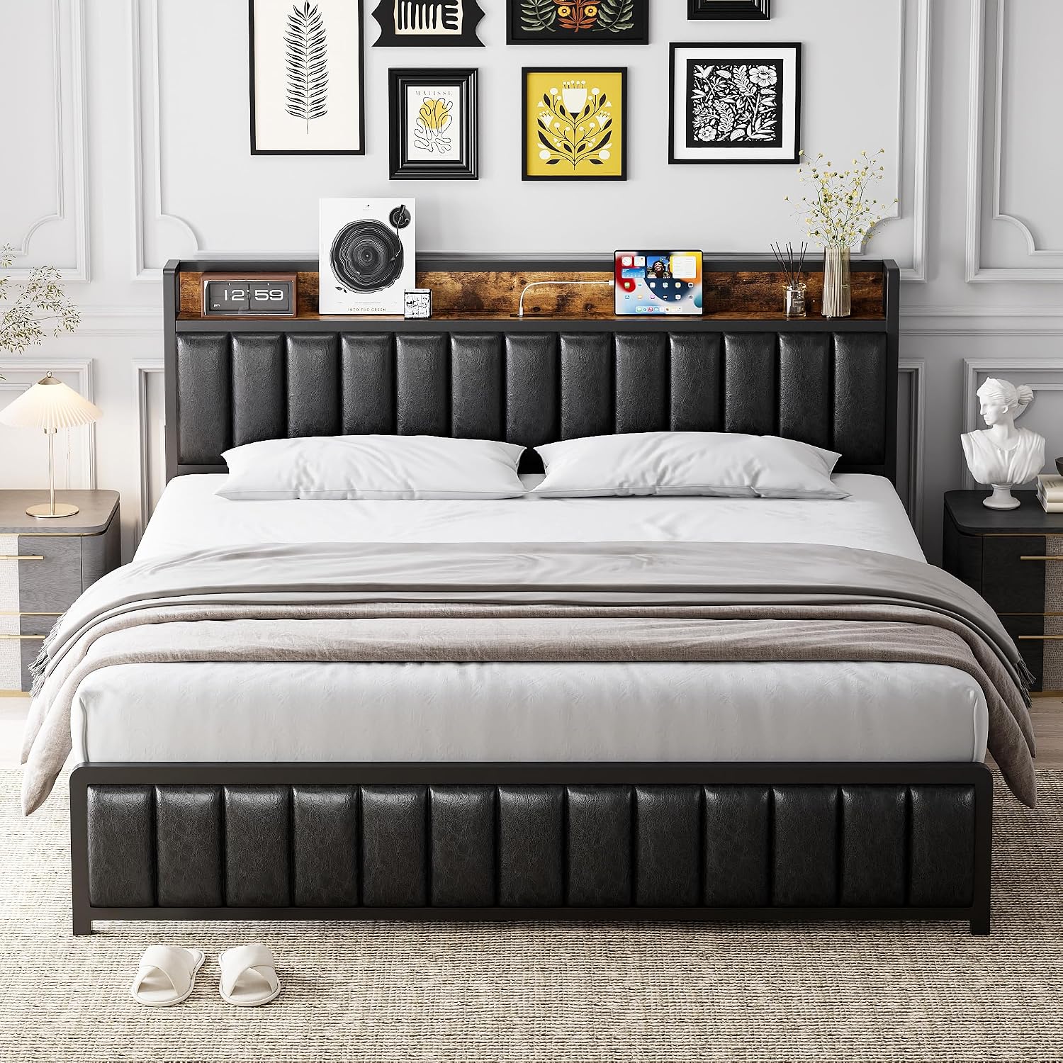 GarveeHome Full Size Bed Frame with Shelf Headboard and Charging Station, Industrial Upholstered Platform Bed with Outlets, Heavy Duty Metal Slats Support, No Box Spring Needed, Easy Assembly, Black