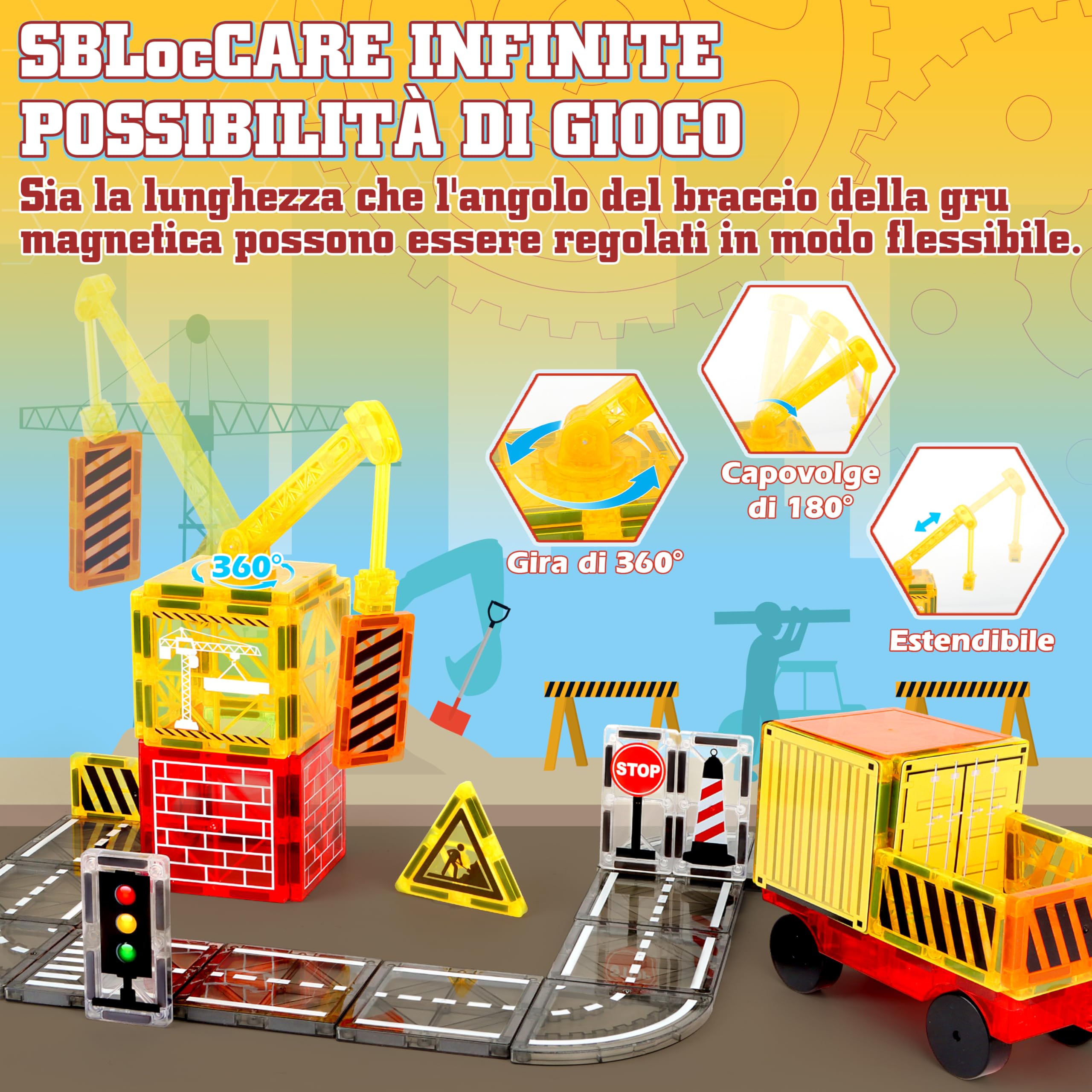 YOOHBERRYS Costruzioni Magnetiche Strada, Costruzioni Magnetiche per Bambini 100 pezzi con Gru e Building, Tessere Magnetiche Blocchi Magnetici Giocattoli Tiles Magnetic 3 4 5 6 anni