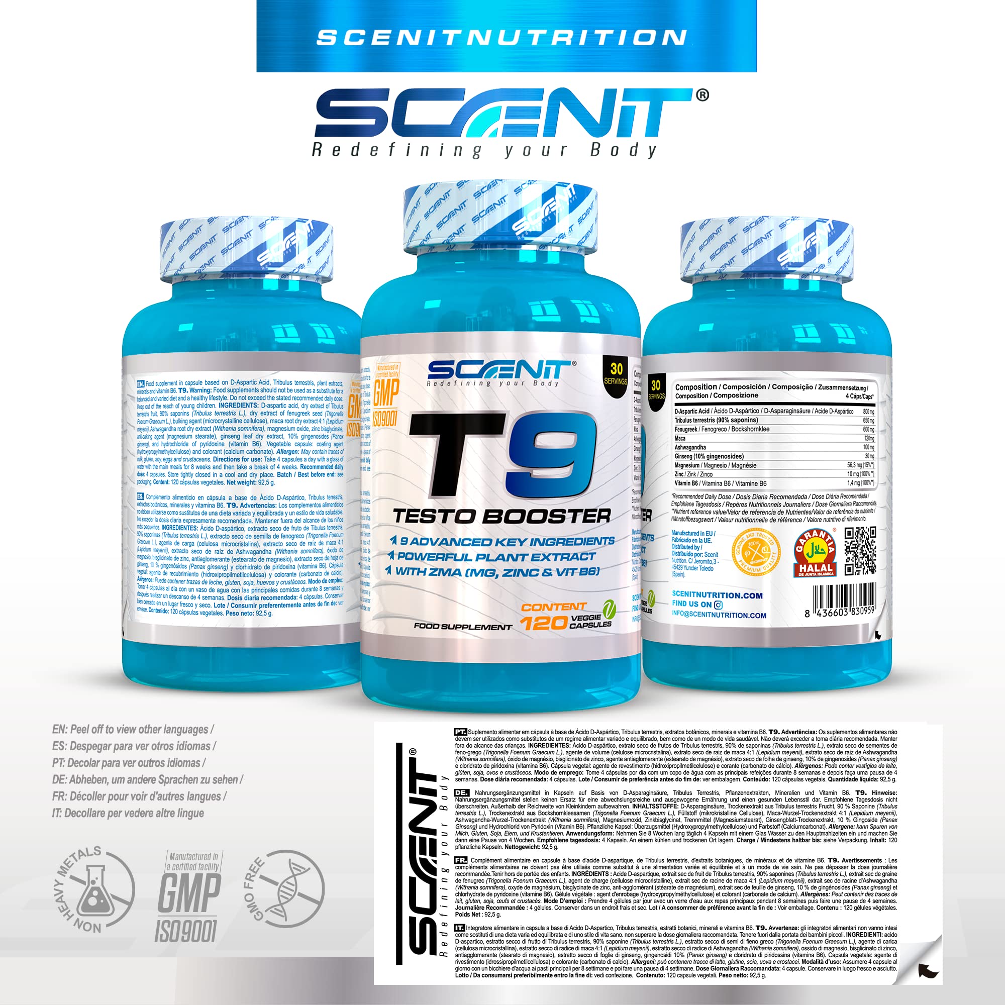Testosterona Hombre - T9 Testo Booster - 120 veg-caps - 9 ingredientes avanzados. - Testosterona - Con Tribulus, Fenogreco, Ashwagandha, Zinc, Magnesio