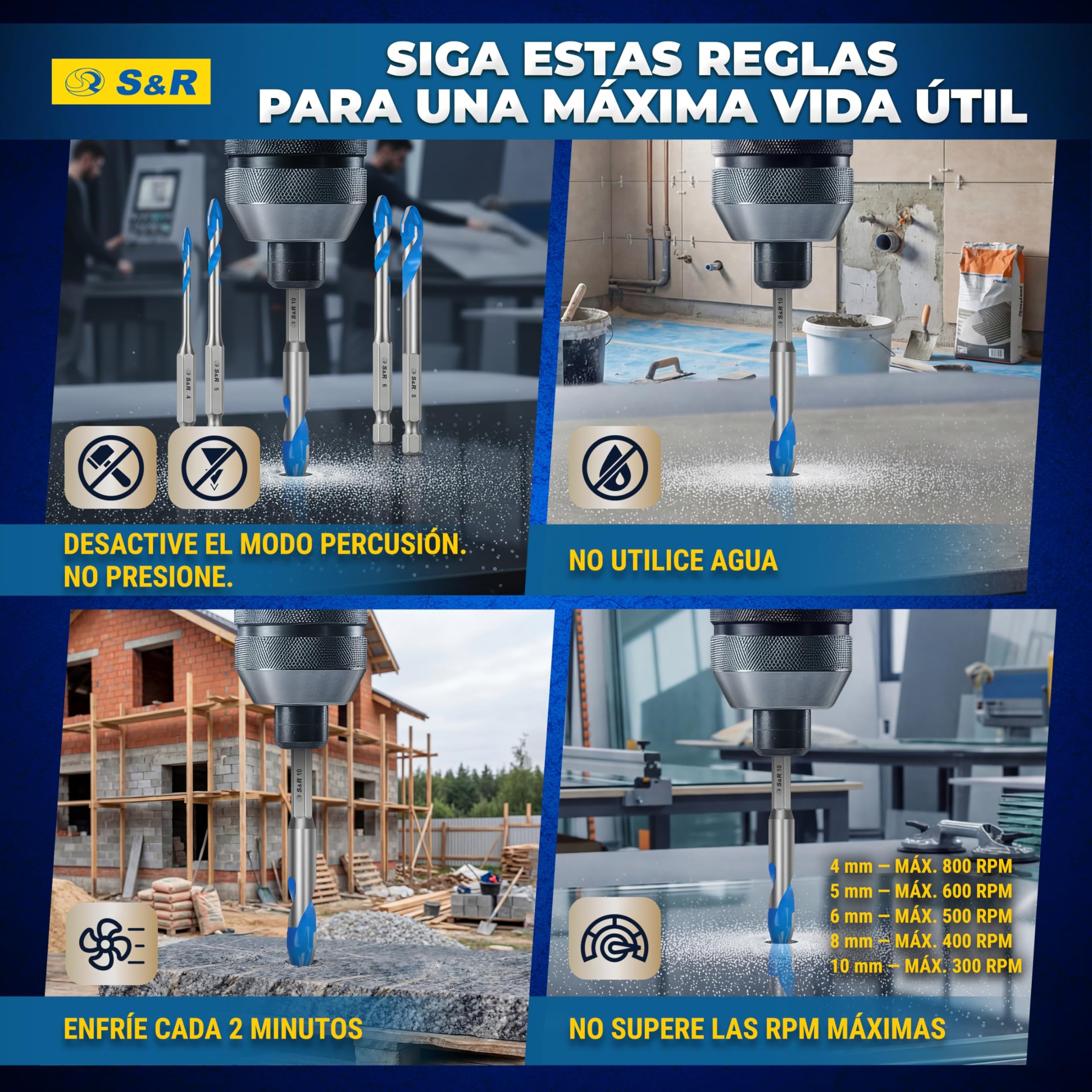 S&R Juego de Broca Azulejos Porcelanico Cerámica dura - Broca 4/5/6/8/10 mm - Broca para Porcelanico Azulejos Céramica Mármol Granito Vidrio. Brocas de Vástago hexagonal de 1/4