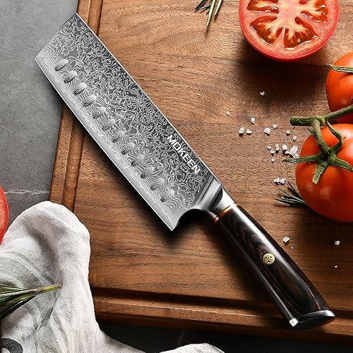 Miniatura 6 de Nakiri - Cuchillo de cocina de acero Damasco VG10 de 7 pulgadas, 67 capas para cortar carne y verduras, cuchillo de chef con mango de madera Pakka