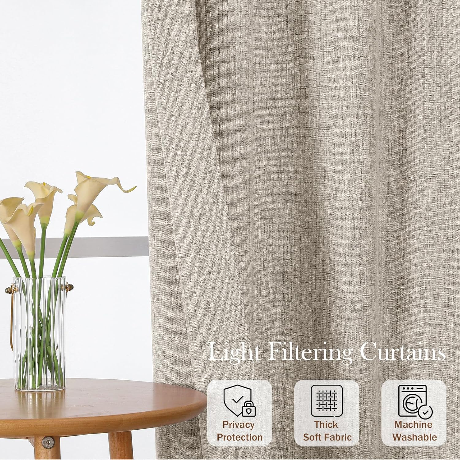 Kitchen Curtains 24 Inch Length - Faux Linen Textured Light Filtering Short Curtains for Bathroom, Rod Pocket Small Kitchen Window Curtains Over Sink, 2 Panels, Linen Color, 30Wx24L Inches