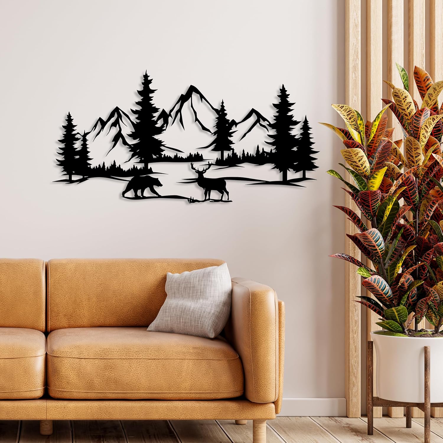 DecoSoul Mountain and Forest Metal Wall Art, Extra Large Farmhouse Wall Art, Nature Decor Lover Gift, Pine Tree and Bear Outdoor Metal Sign, Fireplace Decor, Mountain Range View, Housewarming Gift