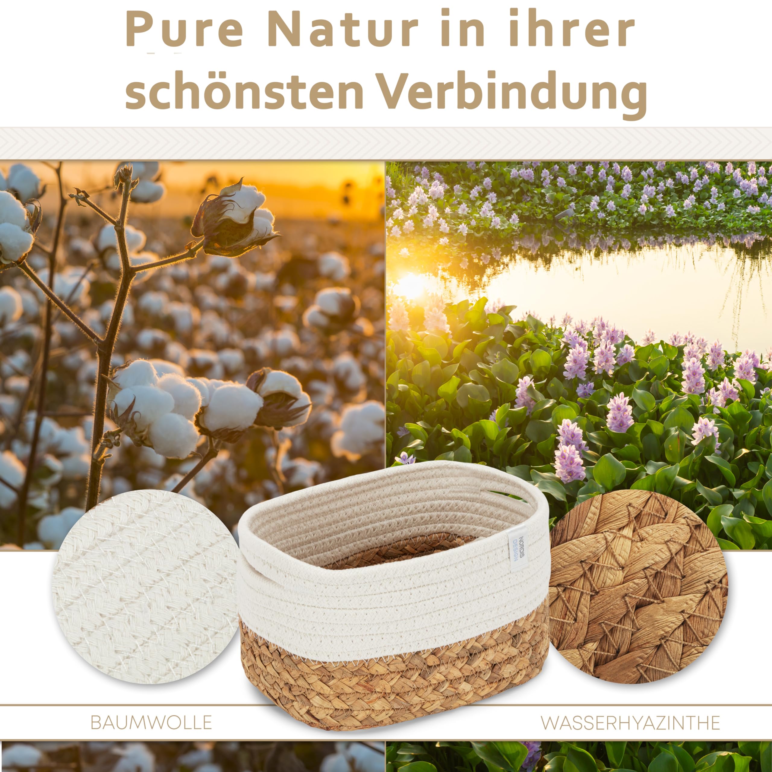 Aufbewahrungskörbe 3er Set aus Wasserhyazinthe und Baumwolle, Bad Aufbewahrungskorb geflochten als Badkorb zur Badezimmer Aufbewahrung & Bad Organisation creme-weiß