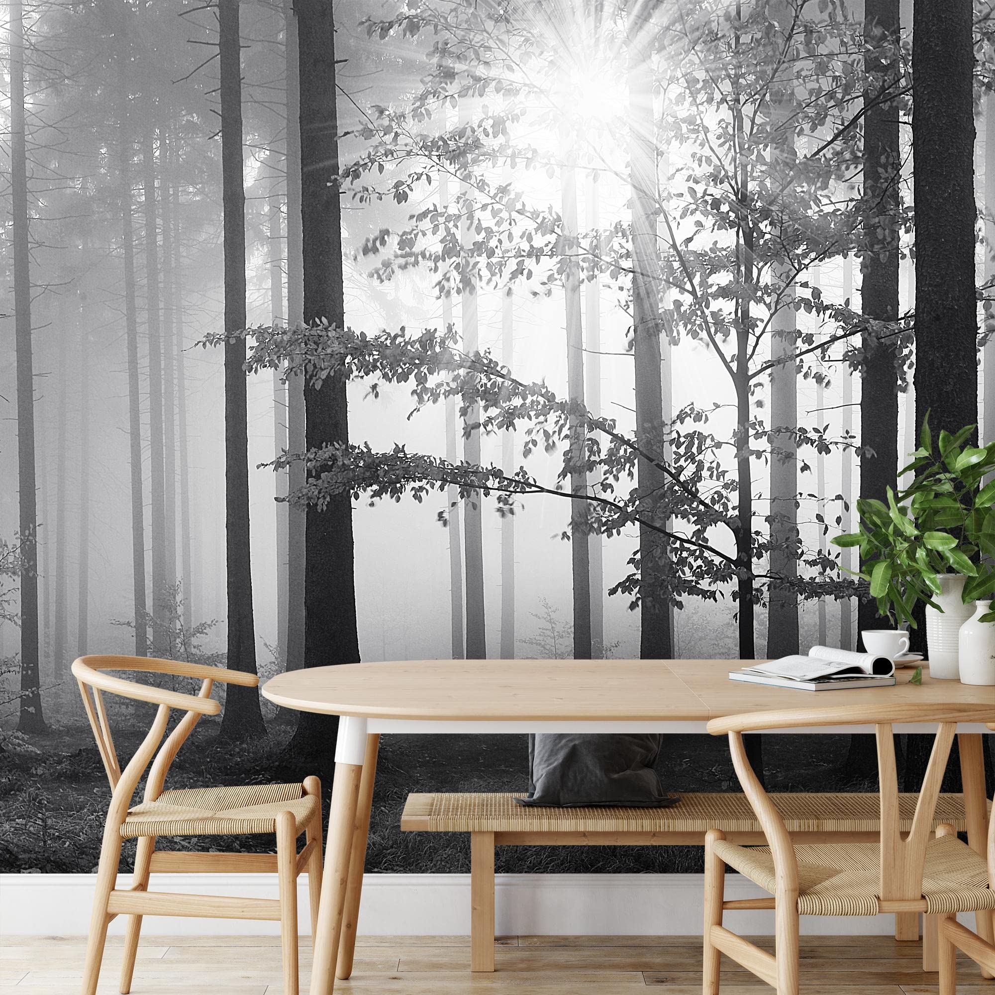 Runa Art Papier peint intissé Forêt dans le brouillard 352 x 250 cm Toison Mur XXL Tableaux Muraux Tapisserie Photo Décoration Murale Salon Chambre Noir Blanc 9241011a