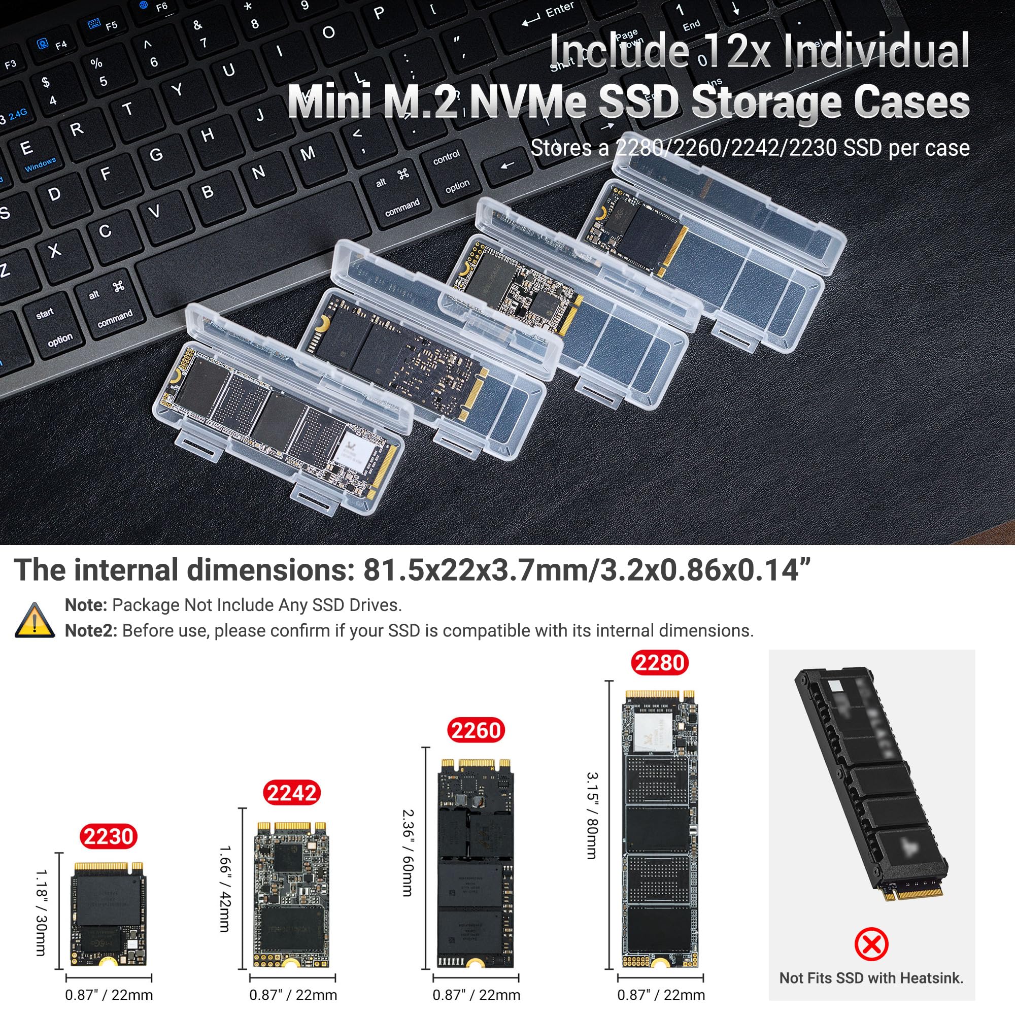 Support Dur M.2 SSD Dual Protect avec 12 PCS Individual Clear M.2 NVMe Case pour Stockage de disques SSD M.2 2280 2260 2242 2230, résistant à l'eau et aux Chocs