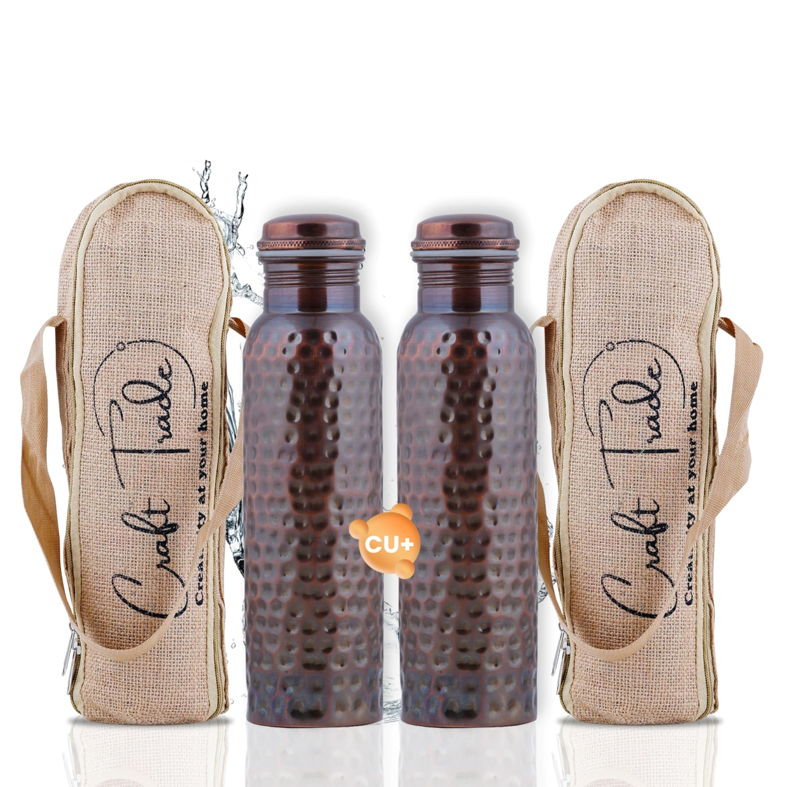 Craft Trade Pure 100% Copper Water Bottle 34 Oz,1 ltr Fitness Bottle for Drinking, Ayurveda Inspired Vessel for Wellness Hammered Finish with Jute Bag Leak-Proof, BPA-Free, 2 Pk