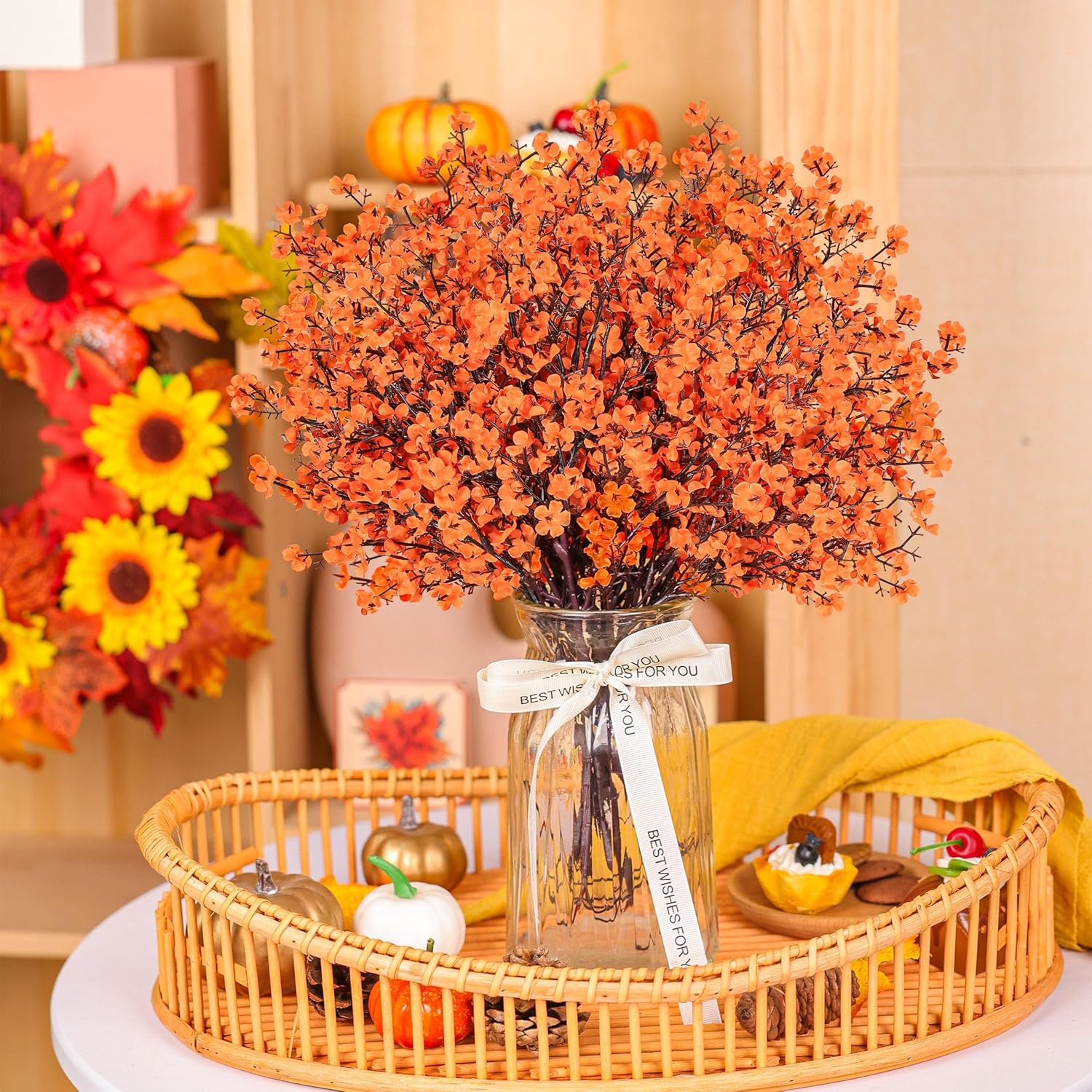 Der Rose 10Pcs Fake Fall Flowers Orange Baby Breath Artificial Flowers Real Silk Floral Arrangement Stems for Thanksgiving Table Centerpieces Home Kitchen Mantle Porch Outdoor Decorations - Image 8