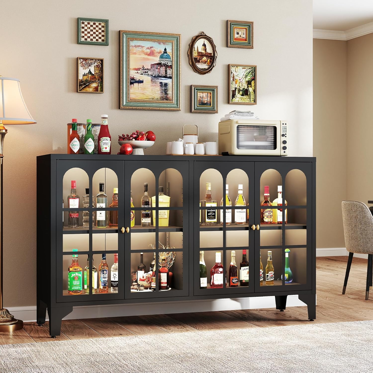 Foreate Sideboard Buffet Cabinet with Glass Door & LED Light, 53.2" Large Buffet Cabinet with Storage & Adjustable Shelf, Farmhouse Sideboard Credenzas Metal Kitchen Buffet, Black