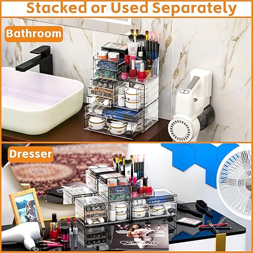 Miniatura 2 de Organizador de maquillaje acrílico transparente, organizador apilable para el cuidado de la piel con 8 cajones, organización grande de accesorios de