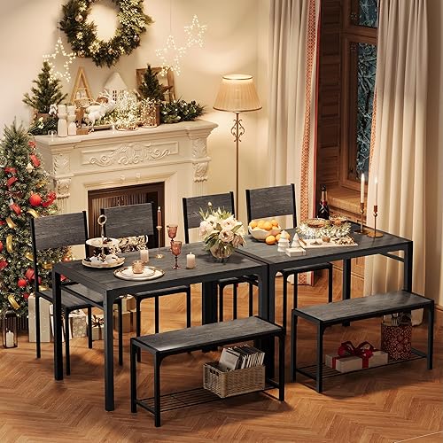 Miniatura 10 de Juego de 3 mesas de comedor extensibles de 63 pulgadas para 4-6 personas con 2 bancos, mesa de cocina moderna de mediados de siglo para espacios