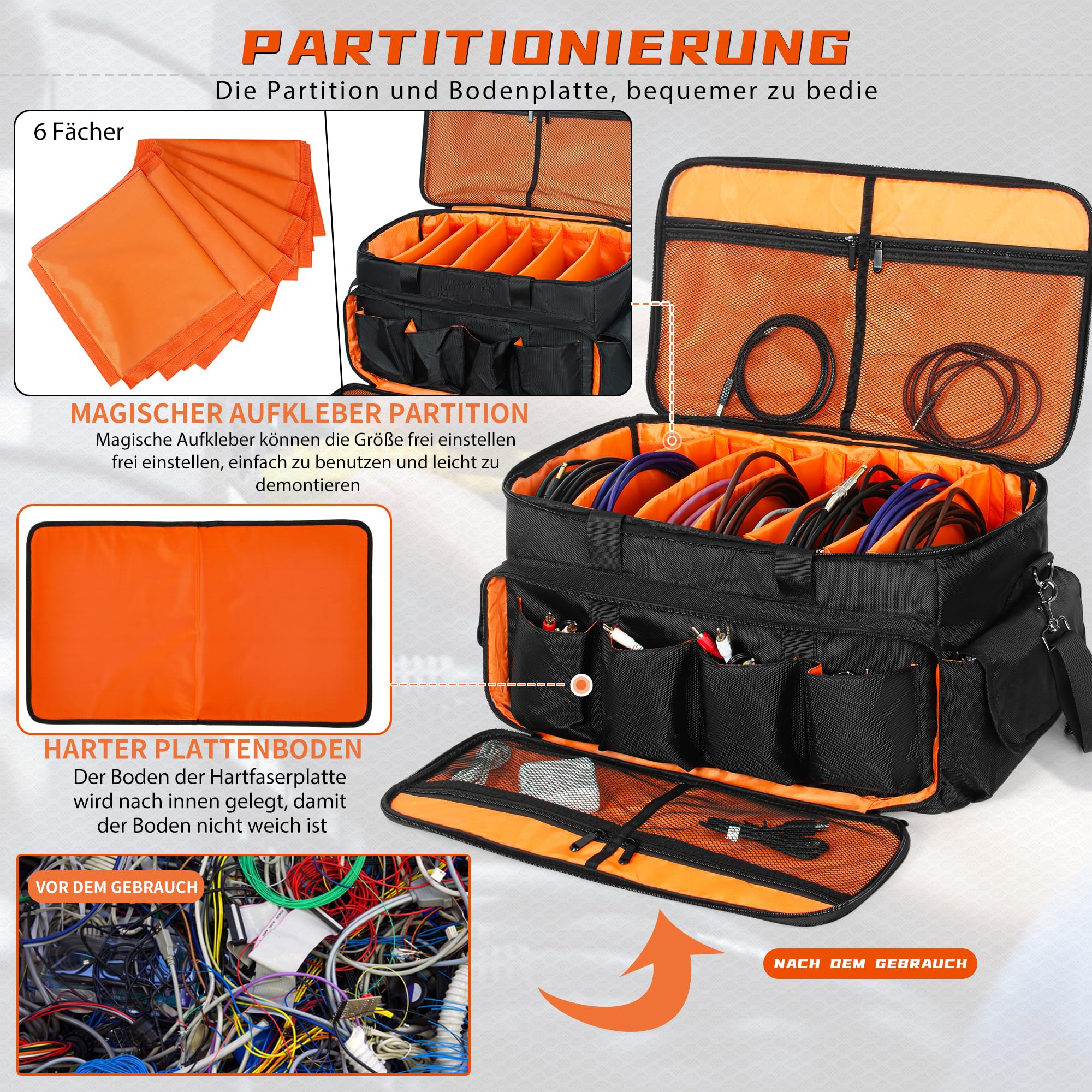 OUUTMEE Borsa per DJ, borsa portacavi, per attrezzatura musicale, 50 x 30 x 30 cm, fondo imbottito rimovibile e divisori, per attrezzatura DJ professionale, strumenti musicali e accessori