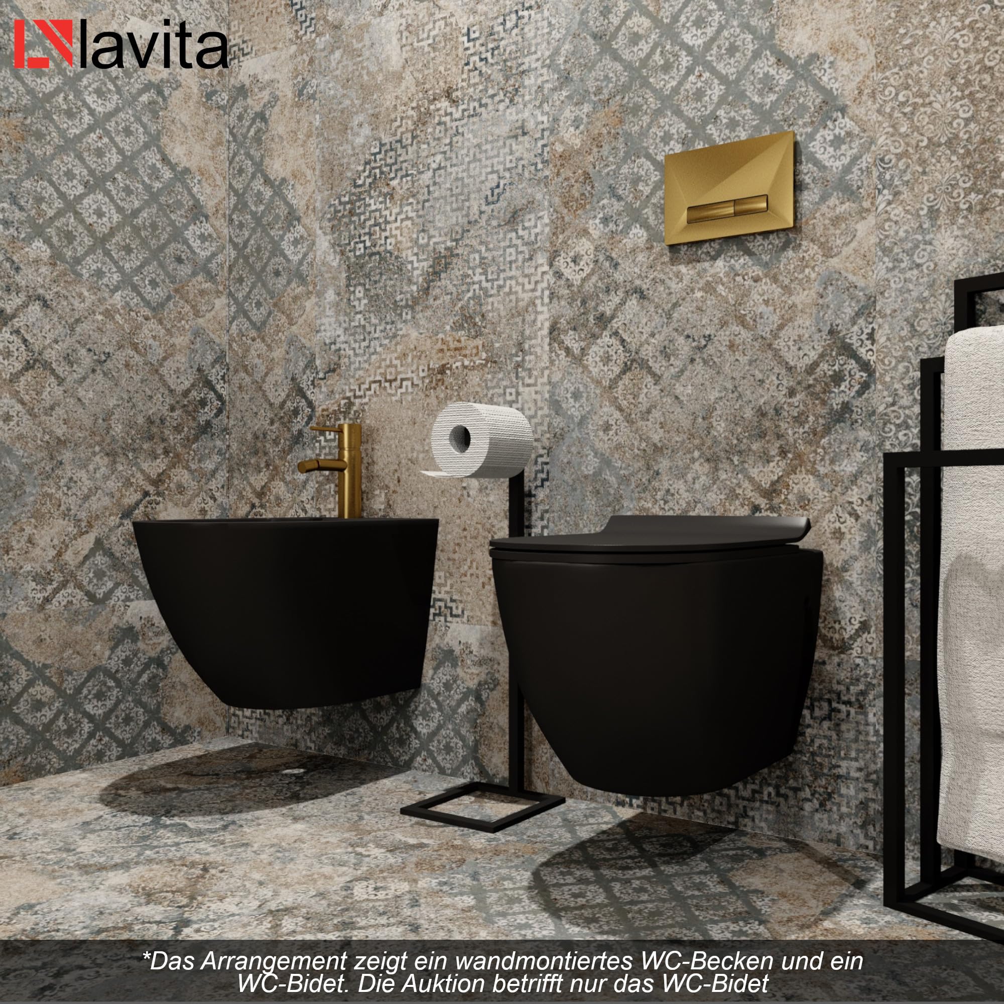 LAVITA Bidé universal de pared con orificio para grifo y protección contra desbordamiento de cerámica, 35,5 x 51 x 34 cm, lavabo para montaje en pared, color negro