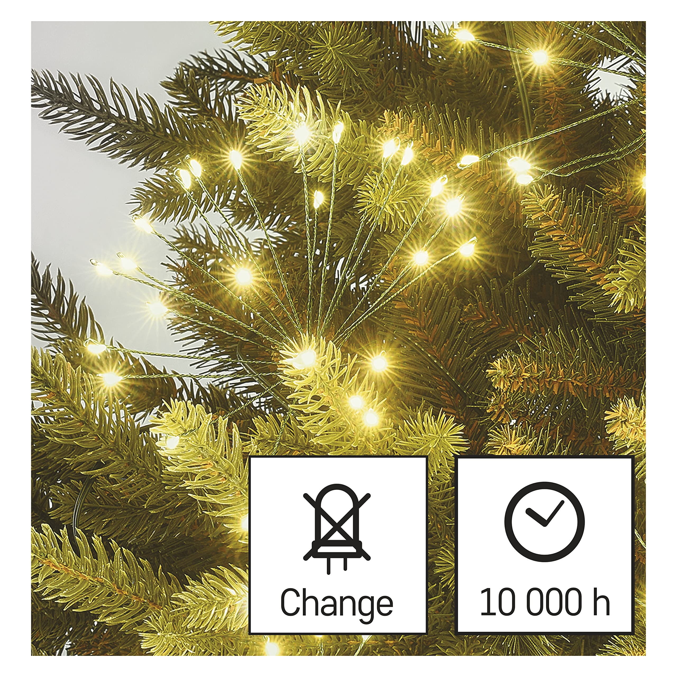 EMOS LED-Lichterkette warmweiß für Innen, 8 m lange Feuerwerk Weihnachtslichterkette NANO, 6 Stunden Timer Funktion, Netzteil und Transformator, für Partys, Weihnachten, Deko, grünes Kabel