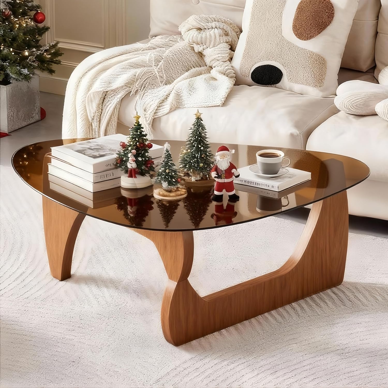 Modern Coffee Table, Large Brown Glass Triangular Center Table for Living Room with Adjustable Walnut Wood Legs, 45" Abstract Design, Tempered Brown Glass Top