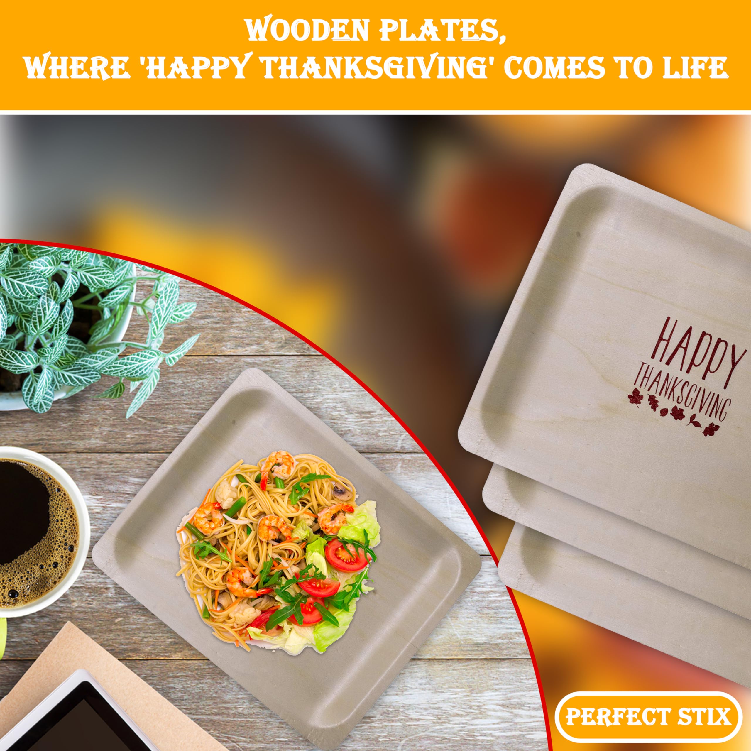 Perfect Stix Plato de madera desechable de 25,4 cm con impresión de Happy Thanksgiving – Paquete de 25 unidades