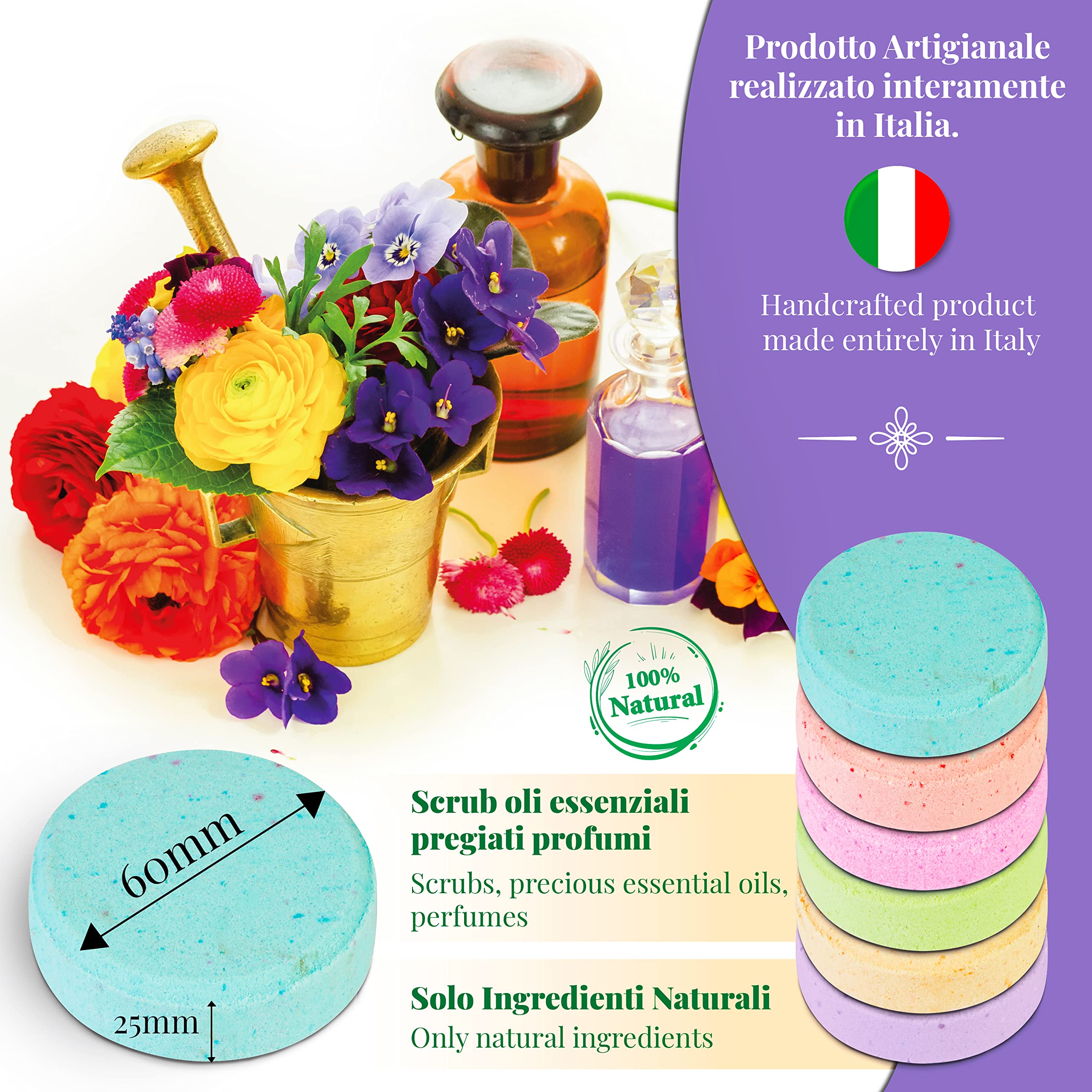 3 Bombe Da Doccia fatte a Mano, Made in ITALY, 3 azioni in 1 Scrub Oli Essenziali, Aromaterapia, Relax e Benessere. Naturali Vegane Bio. Bombe Da Bagno. Idea Regalo Donna, Ragazza, Utile, Originale.