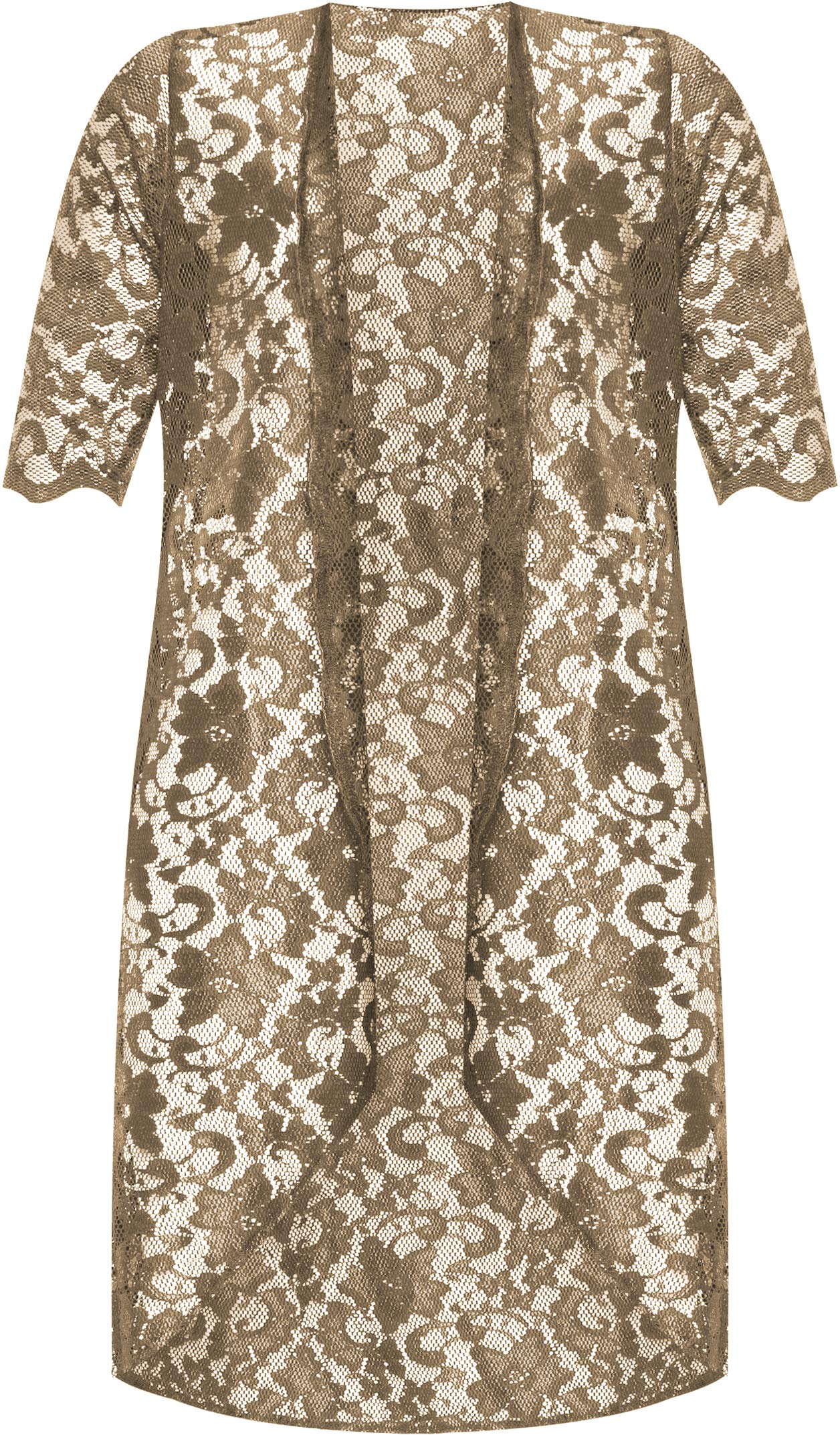 Wearall Women's Mocha Plus Size Floral Lace Short Sleeve Open Long Cardigan - 26-28
