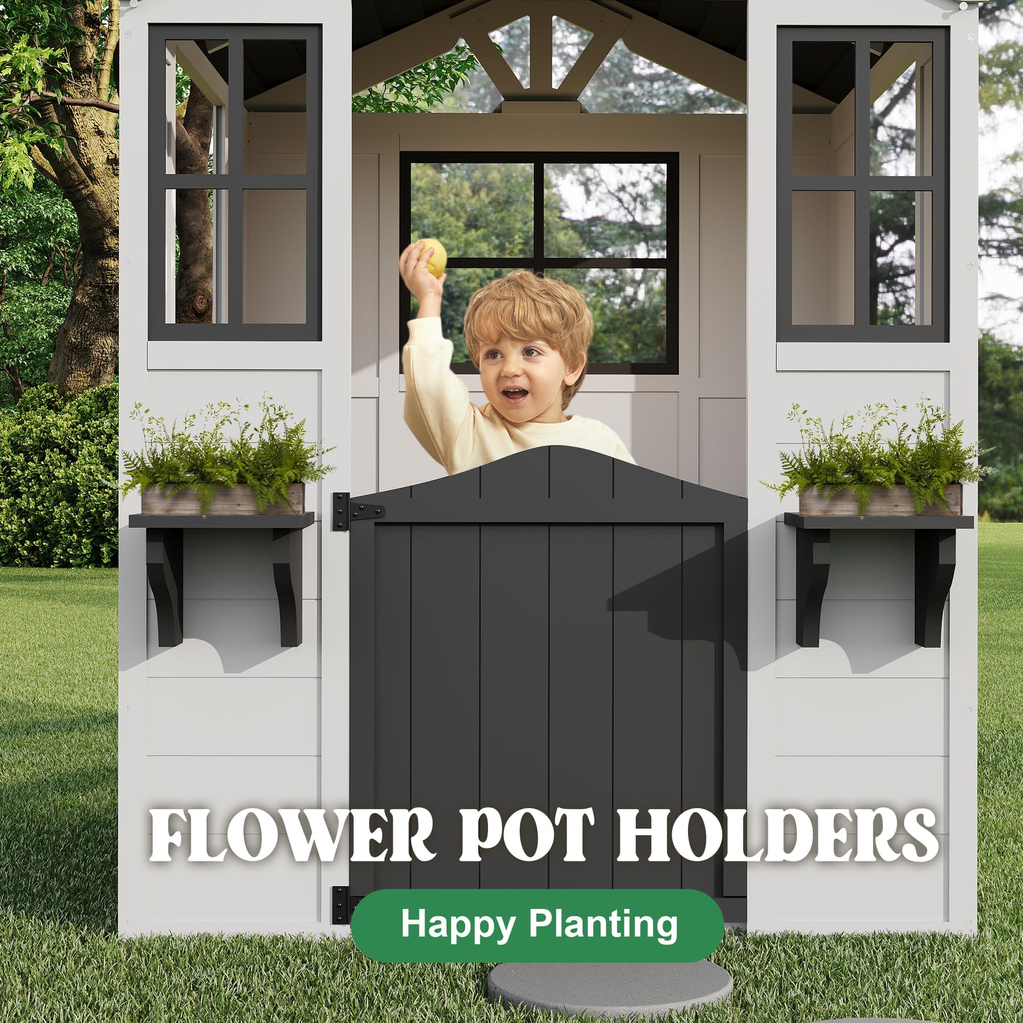 IDEALHOUSE Zedernholz Kinderspielhaus Outdoor - Landhaus-Cottage mit Veranda & Spielküche, Holländertür, Blumentopfhalter, wetterfestes Vinyl-Dach, einfache Montage - Weiß