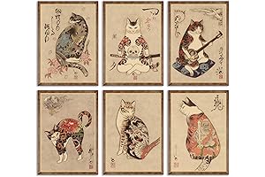 6Pcs Japanese Samurai Cat Wall Art Prints of Posters