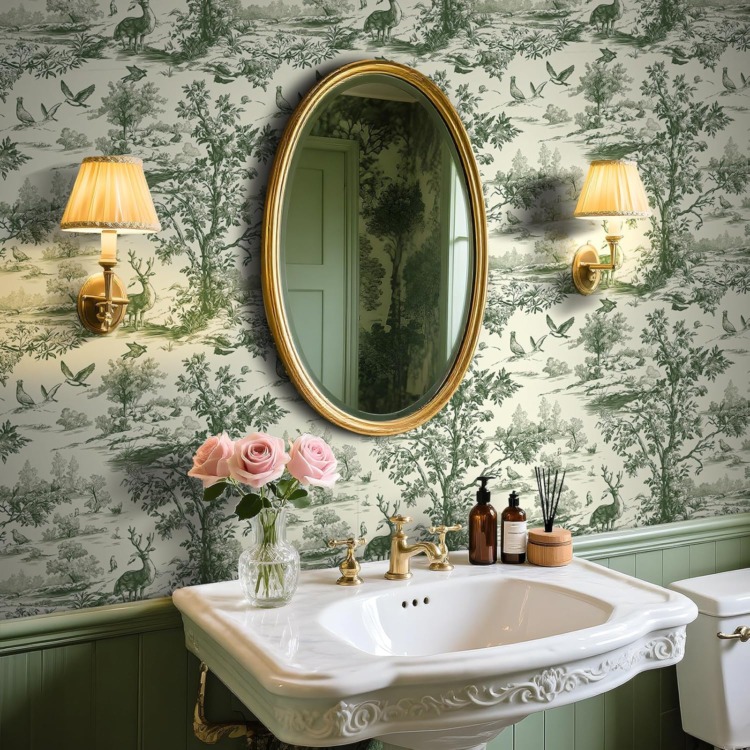 Livelynine 17.5x276 Nature Wallpaper Stick and Peel Trees Animals Green Plants French Country Landscape Wallpaper for Bedroom Bathroom Wall Murals Sage Green Pattern Contact Paper Renter Friendly