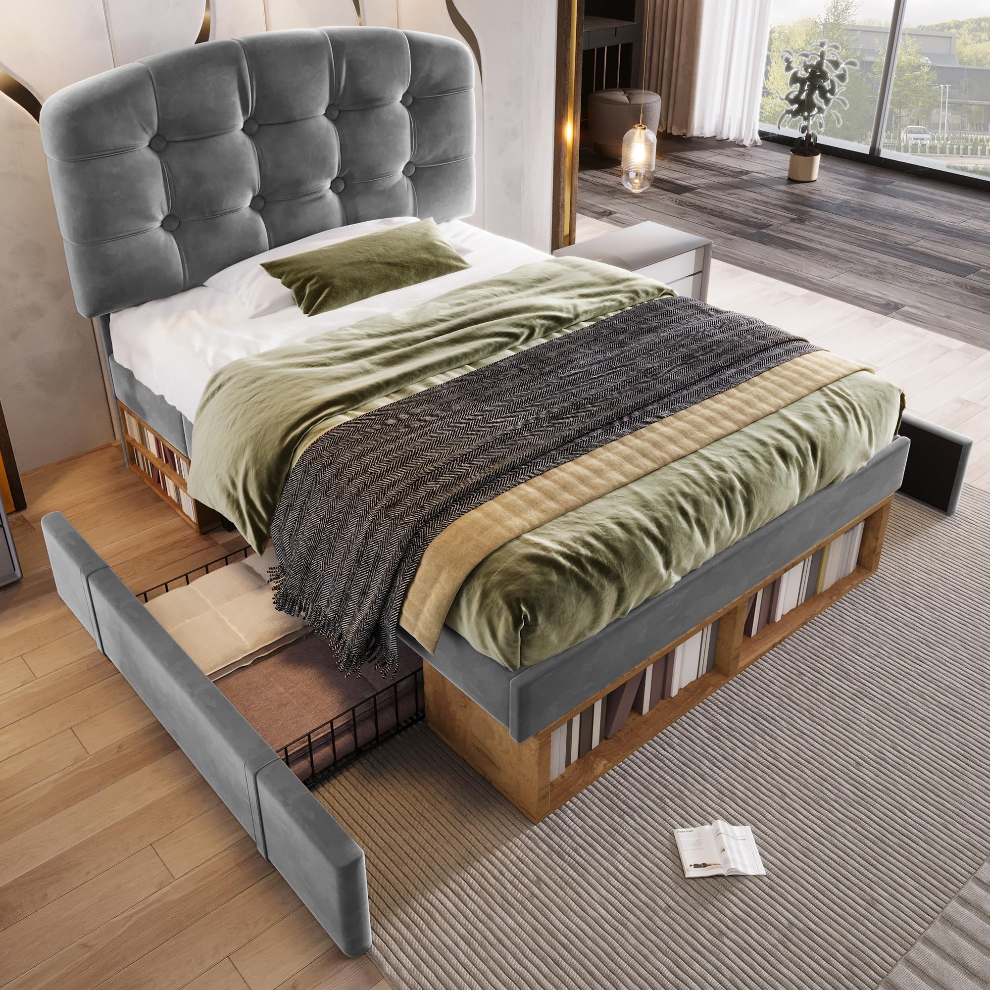 Leholume Adjustable Headboard Single Bed Frame with Drawers & Open Shelves