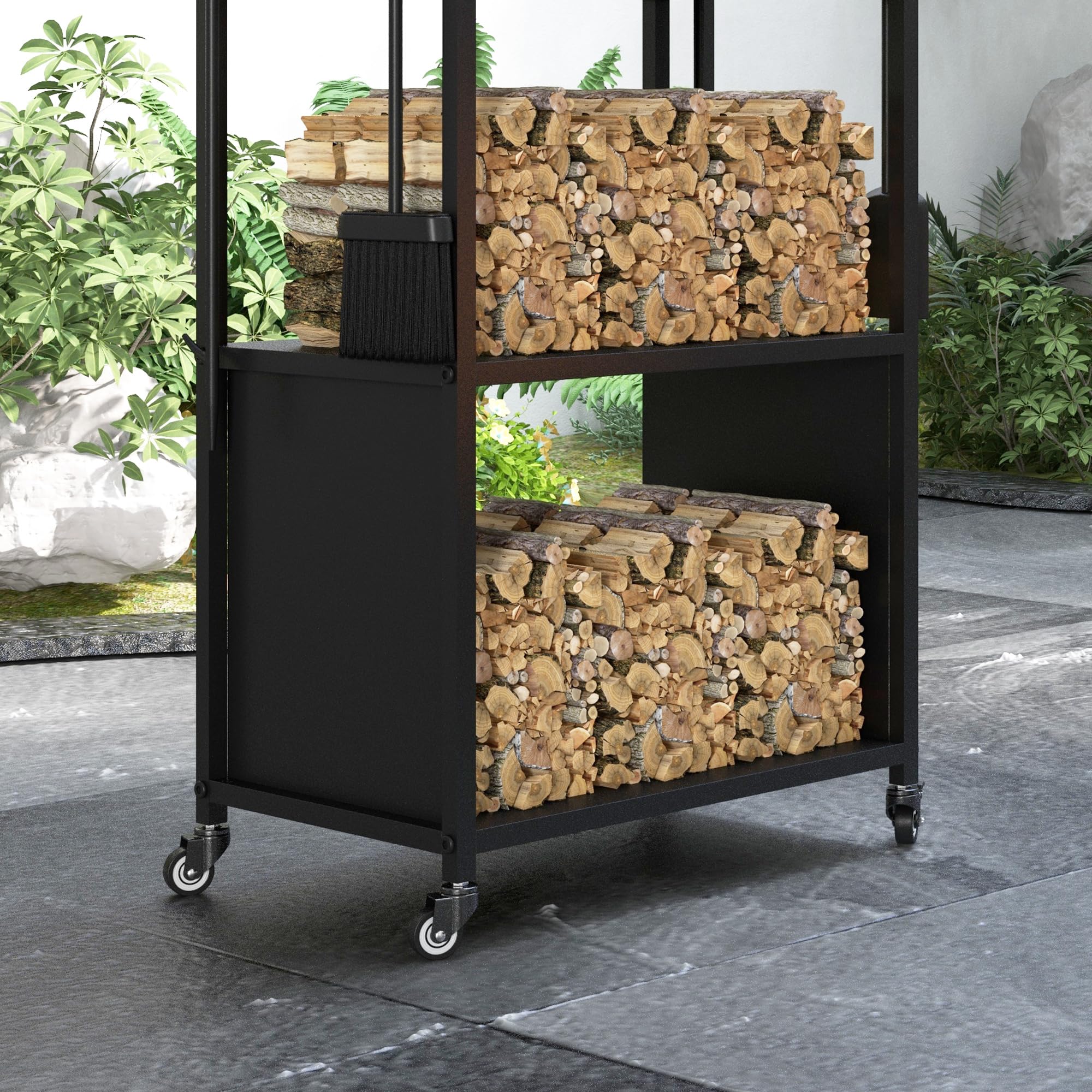 Outsunny Leñero con Ruedas Soporte para Leña de 4 Niveles Estante de Leña con Pala Atizador Cepillo Tenazas para Interior y Exterior 45x30x118 cm Negro