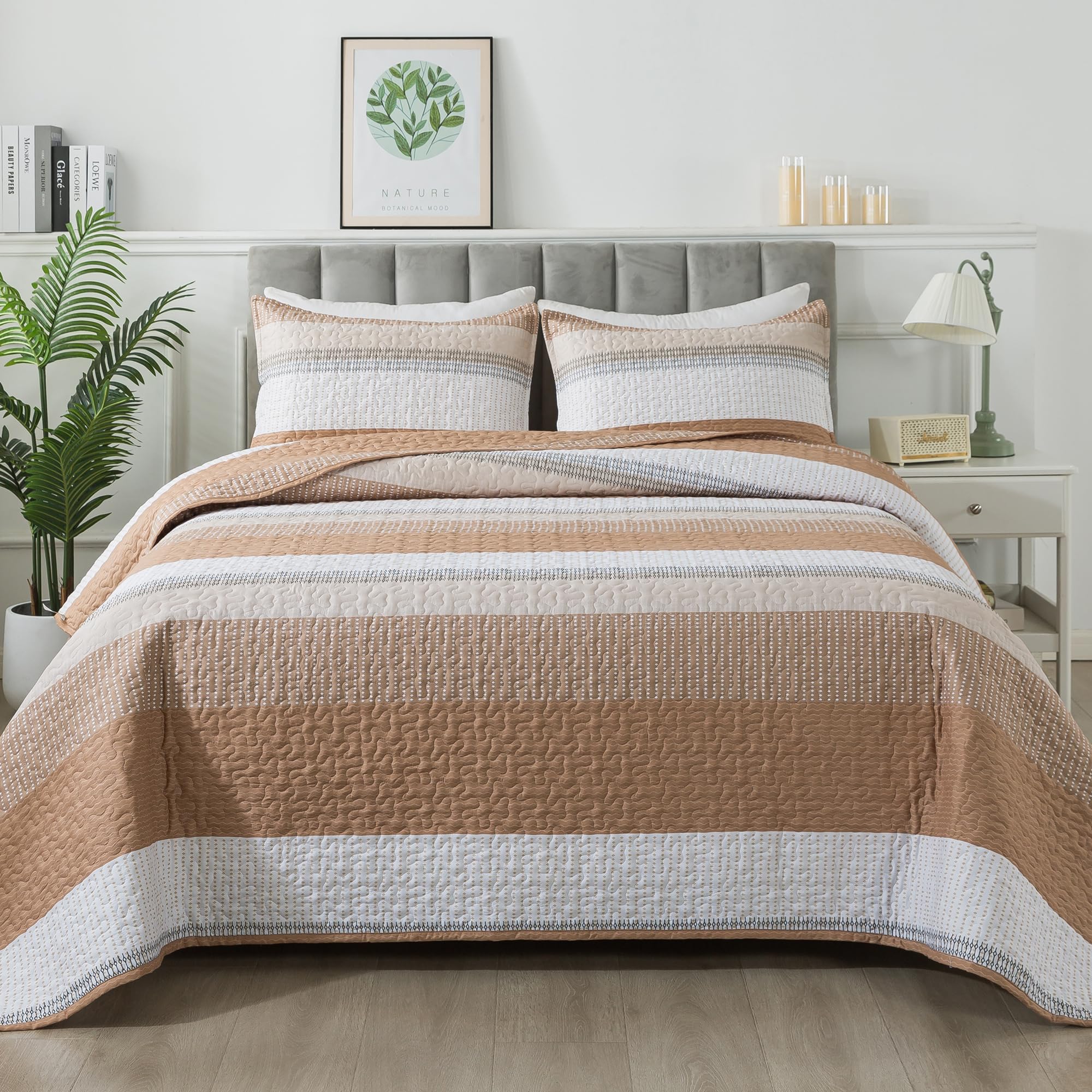 Andency Taupe Striped Quilt Queen(90x96Inch), 3 Pieces (1 Striped Quilt and 2 Pillowcases) Patchwork Bedspread Coverlet Set, Soft Microfiber Lightweight Quilted Bedding Set