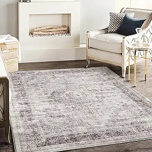 Area Rug 5'x7' Washable Rug Floral red Vintage Traditional Floor Cover Thin Retro Kitchen Indoor Distressed Non Slip Carpet for Living Room Bedroom Dining Room