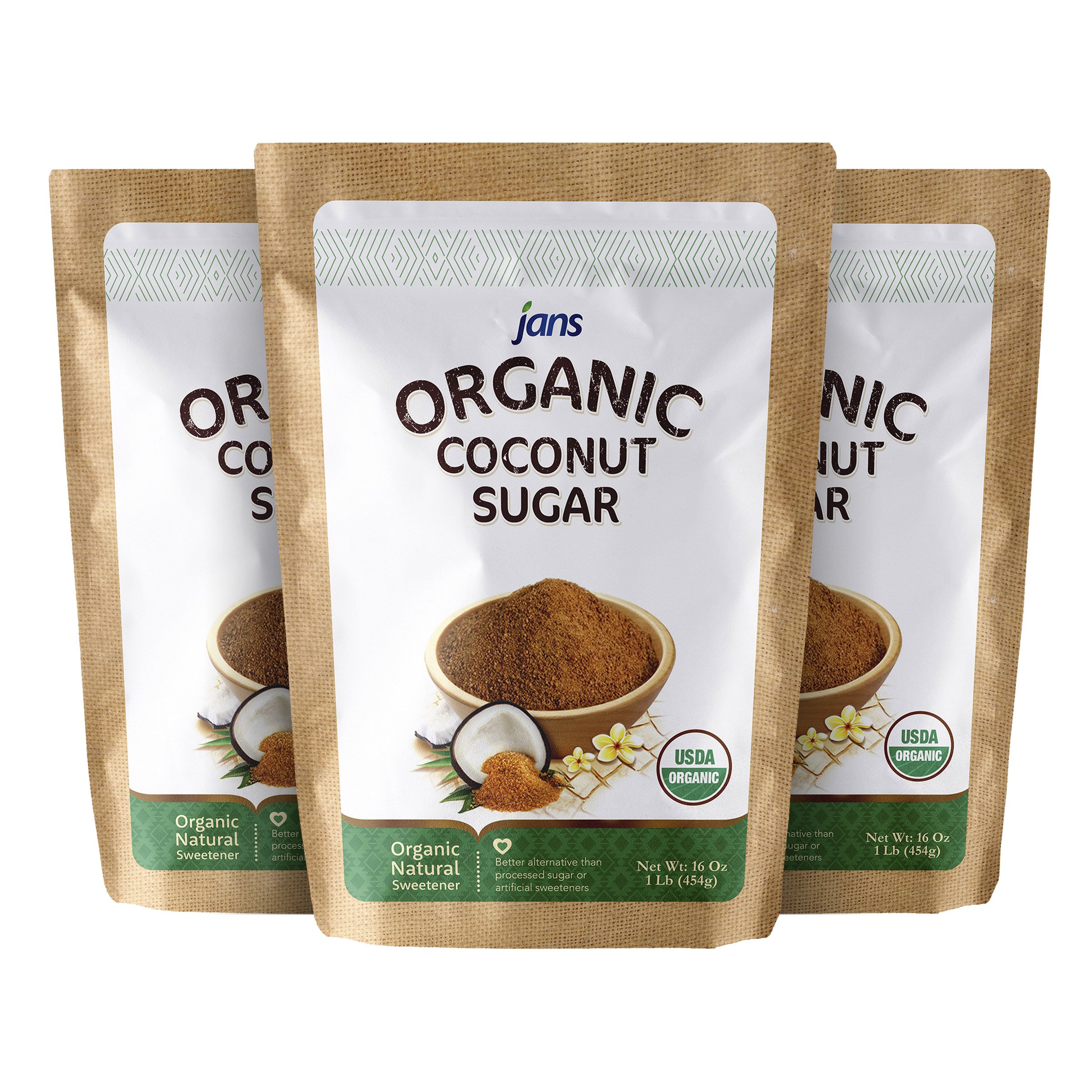 Jans Organic Coconut Sugar (Pack of 3) – Unrefined Natural Sweetener, Gluten Free, Non-GMO, Low Glycemic Coco Sugar – Organic Coconut Palm Sugar for Baking, Coffee, Tea & Cooking