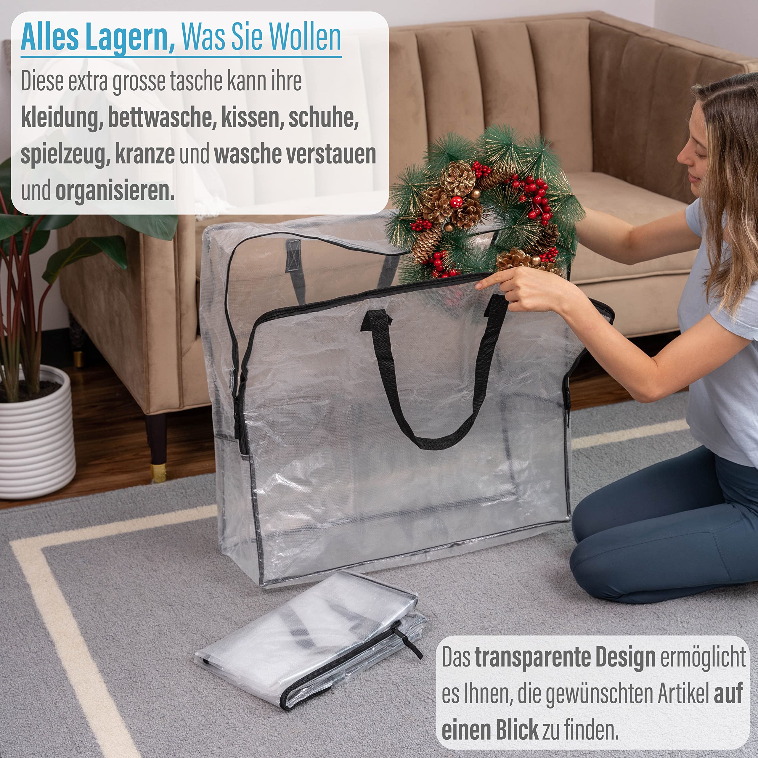 VENO 95 Liter Unterbett Aufbewahrungsbox Mit Griffe Und Reißverschlüssen Aufbewahrungstasche, Klapprad Tasche, Kleideraufbewahrung, Umzugstaschen Tragfähigkeit von 22,7 kg (4er-Pack)