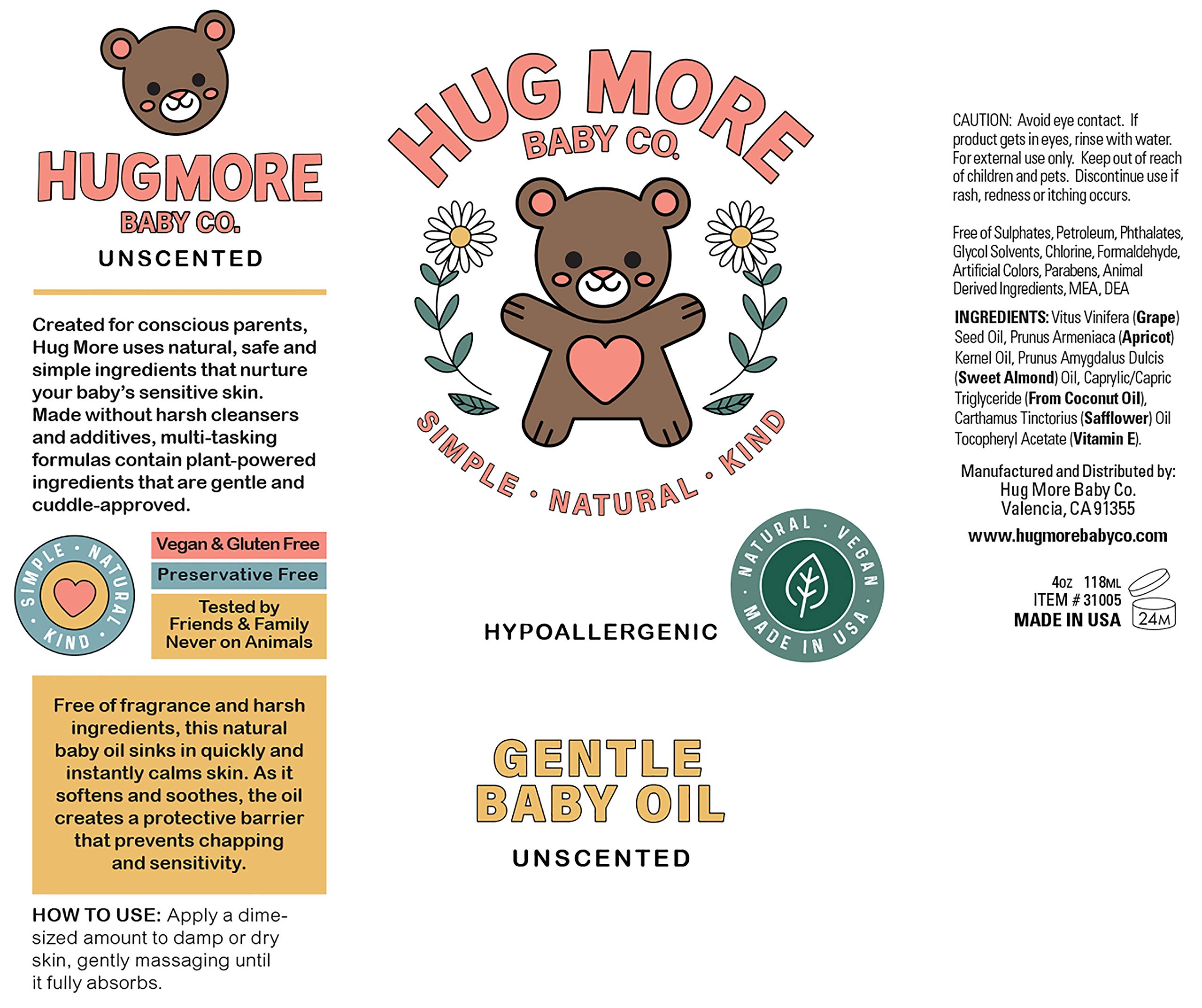 Hug More Baby Oil 4 Oz & Baby Lotion 8 Oz Pack of 2 – Unscented – Gentle, Soft & Soothing - Hypoallergenic, Suitable for Newborn Babies