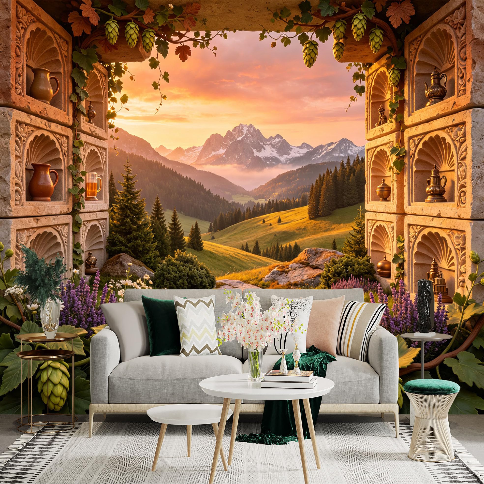 Lnzczhyre Bh260719621 Custom Size Wall Sticker Mural， Sunset Mountain Valley View， Vintage Stone Window Frame， Alpine Meadow With Wildflowers And Hops， For Wall Decoration， Peelandstick Wall Decals.