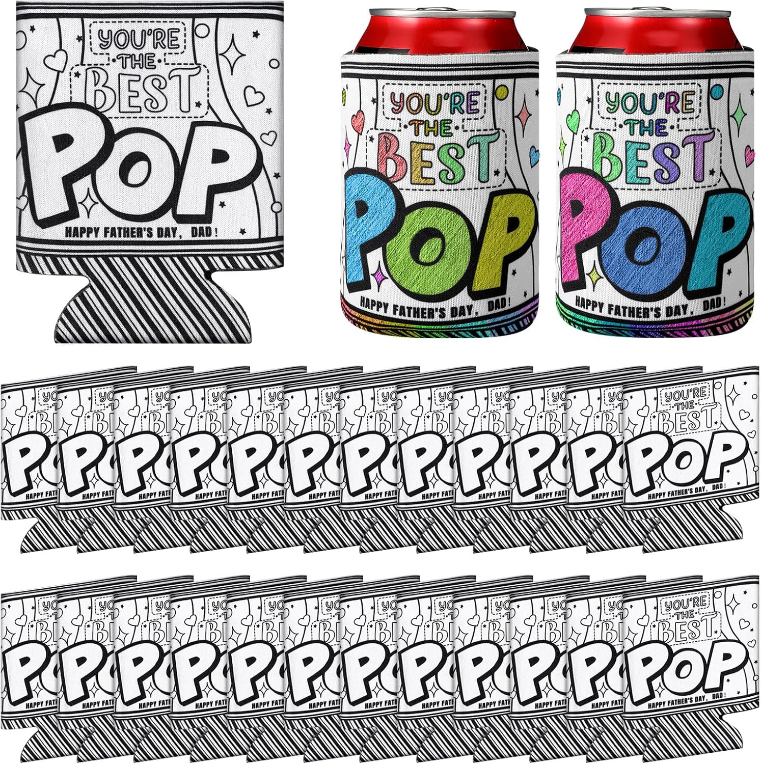 Sliner 24 Pack Fathers Day Craft Gifts Bulk Color Your Own Can Cooler Sleeves DIY Fathers Day Soda Sleeves Foam Blank Beer Cover Reusable Collapsible Insulated for 12 oz Soda Cans Bottles