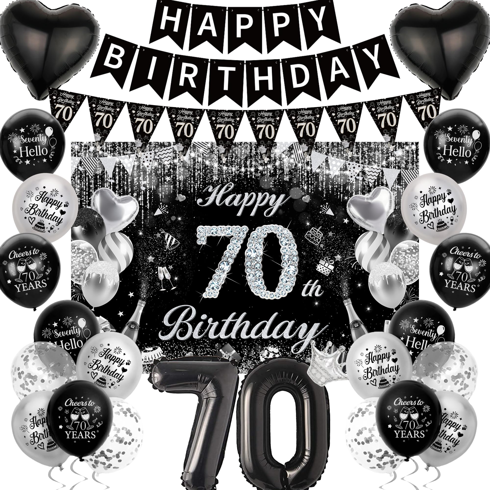 70th Birthday Party Decorations Banner Black Silver Backdrop Balloons Set