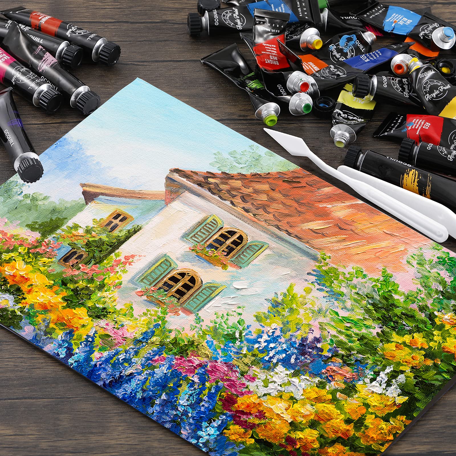 Set di 36 Colori Pittura Acrilica, 12 ml x 36 Tubetti con 6 Pennelli, Palette di Coltelli, Tela, Cavalletto, per Pittura Artistica su Legno, Ceramica, Tessuto, Artigianato GC-APK36