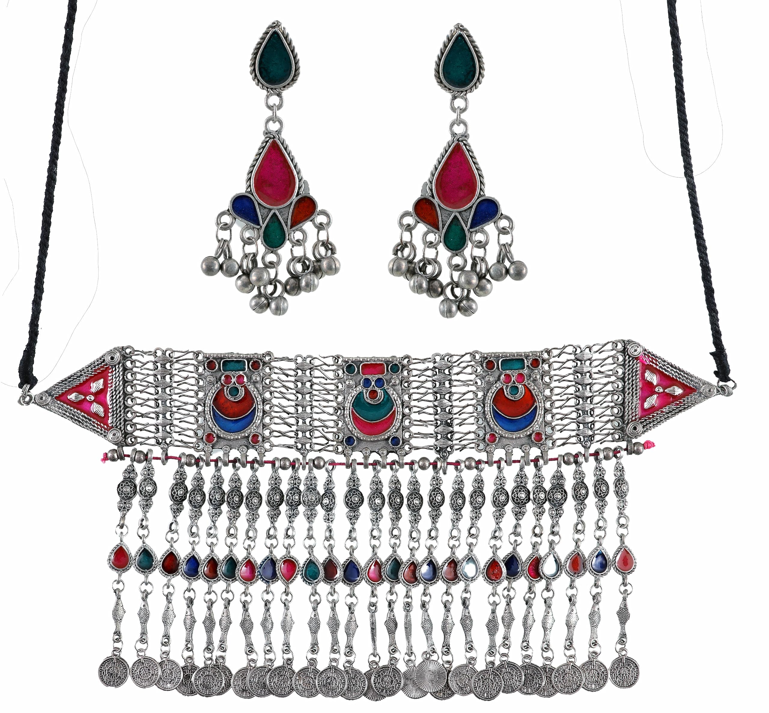 Siddhatva Statement Ethnic Traditional Ghungroo Heavy Tassel Afghani Fashion SIlver Oxiidzed Choker Necklce Earrings Jewellery Set (B0CJBT74D3) Amazon Price History, Amazon Price Tracker