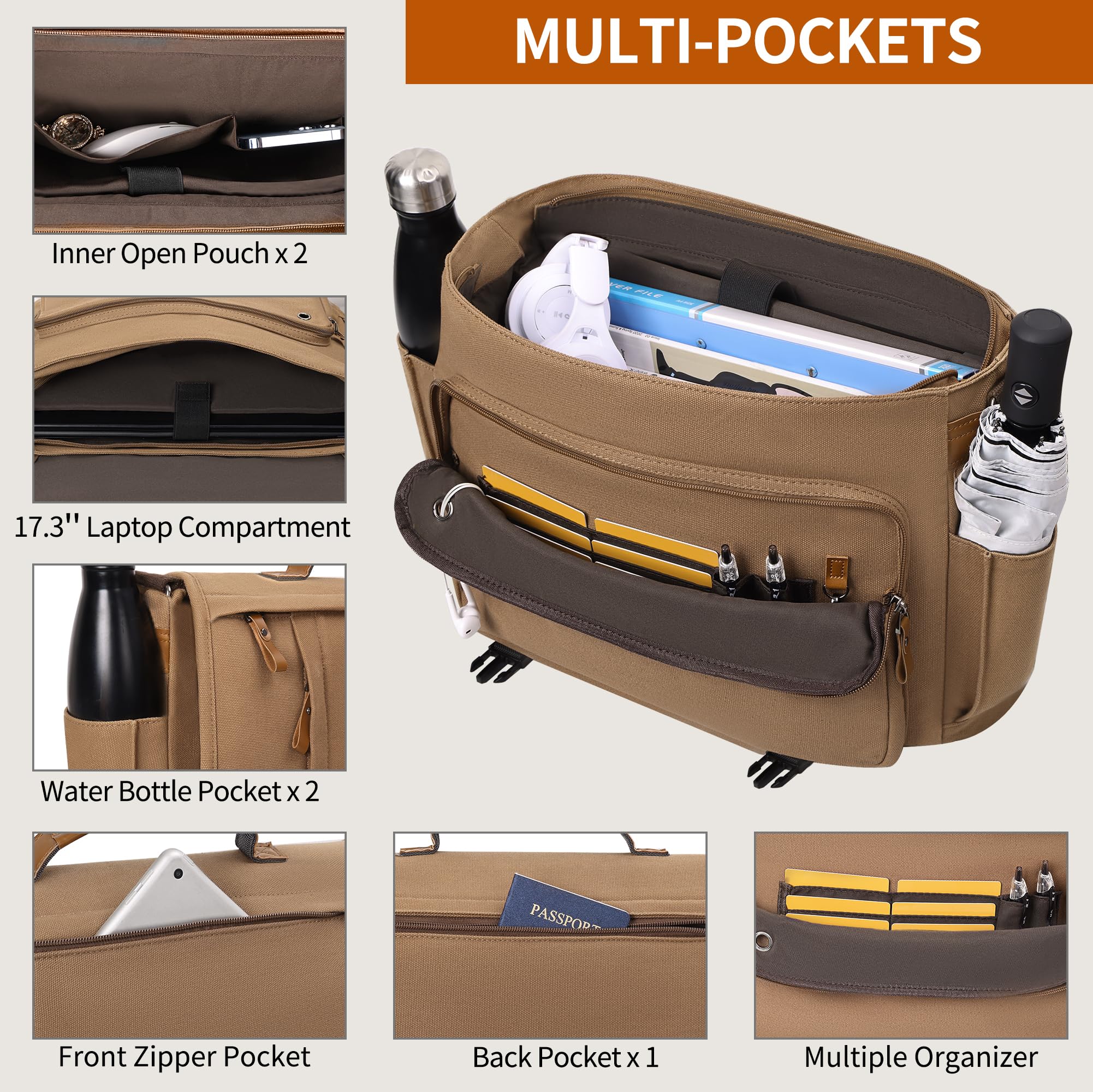 Estarer 15.6-17.3 Inch Laptop Messenger Bag for Work School,Mens Water Resistant Canvas Crossbody Shoulder Bag