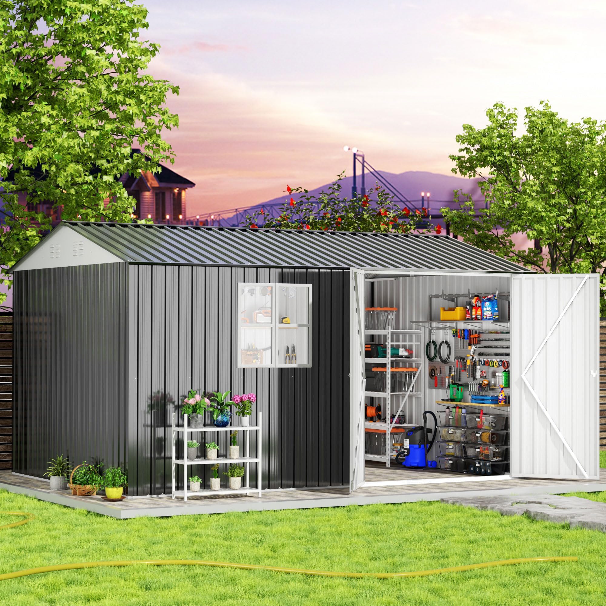 8x12 FT Outdoor Storage Shed, Garden Shed with Window, Lockable Doors and Air Vent, Metal Tool Sheds for Backyard Garden Patio Lawn, Black