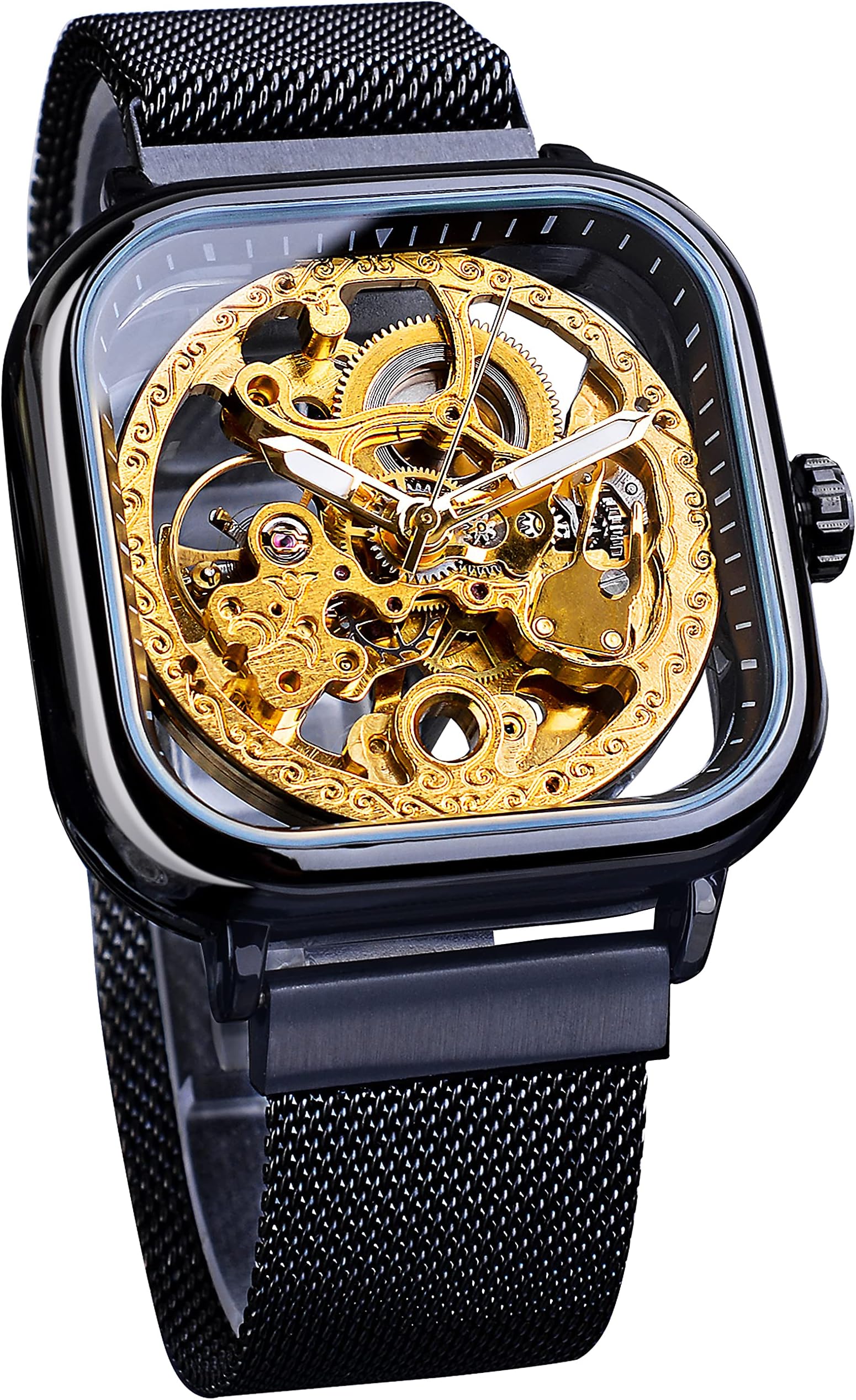 Automatic Watches Mechanical Wrist Watch Golden for Mens Skeleton Watches with Stainless Steel Transparent Dial with Royal Flower Movement Carving