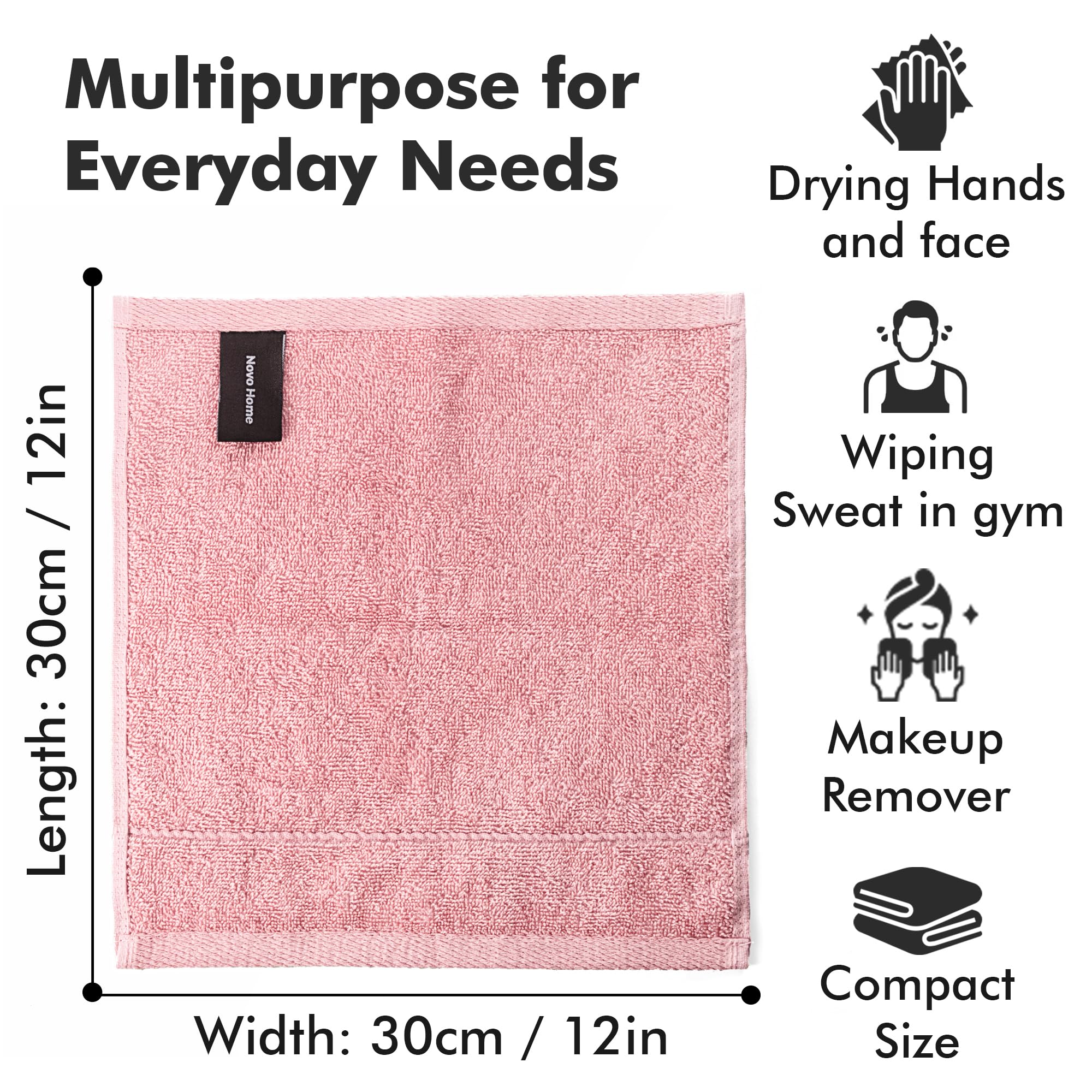 Novo Home Face Towels Pack of 12, 100% Cotton Washcloths (30x30cm), Soft, Quick Dry - Image 3