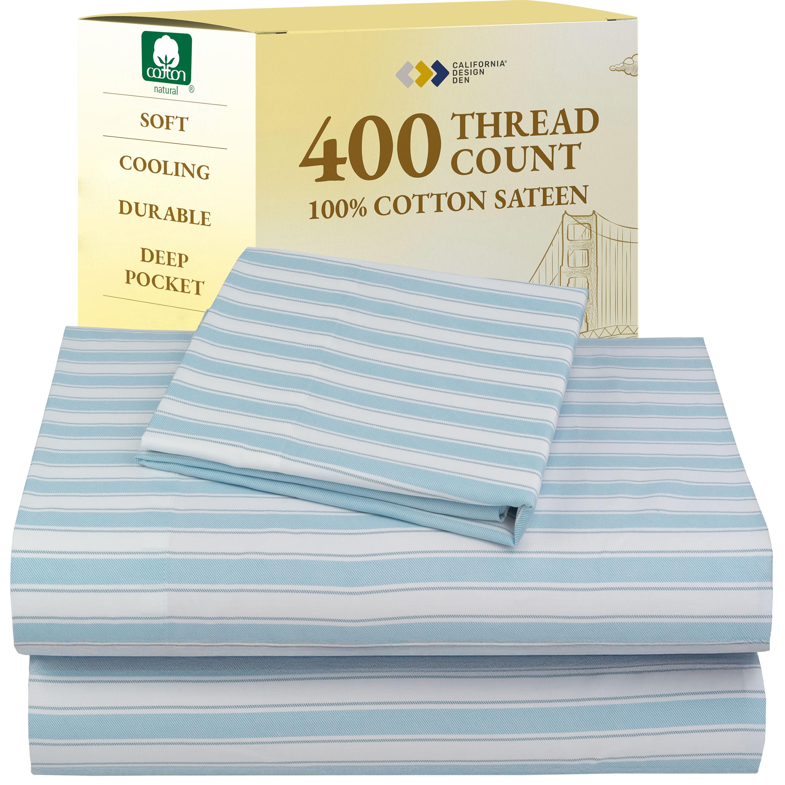 California Design Den 100% Cotton Sheets, 400 Thread Count Sateen Cooling Deep Pocket Sheets, Twin Size Printed Bed Sheets Set for Kids, Dorm Rooms & Adults, Twin Bed Sheets (Cape Stripe - Sky Blue)