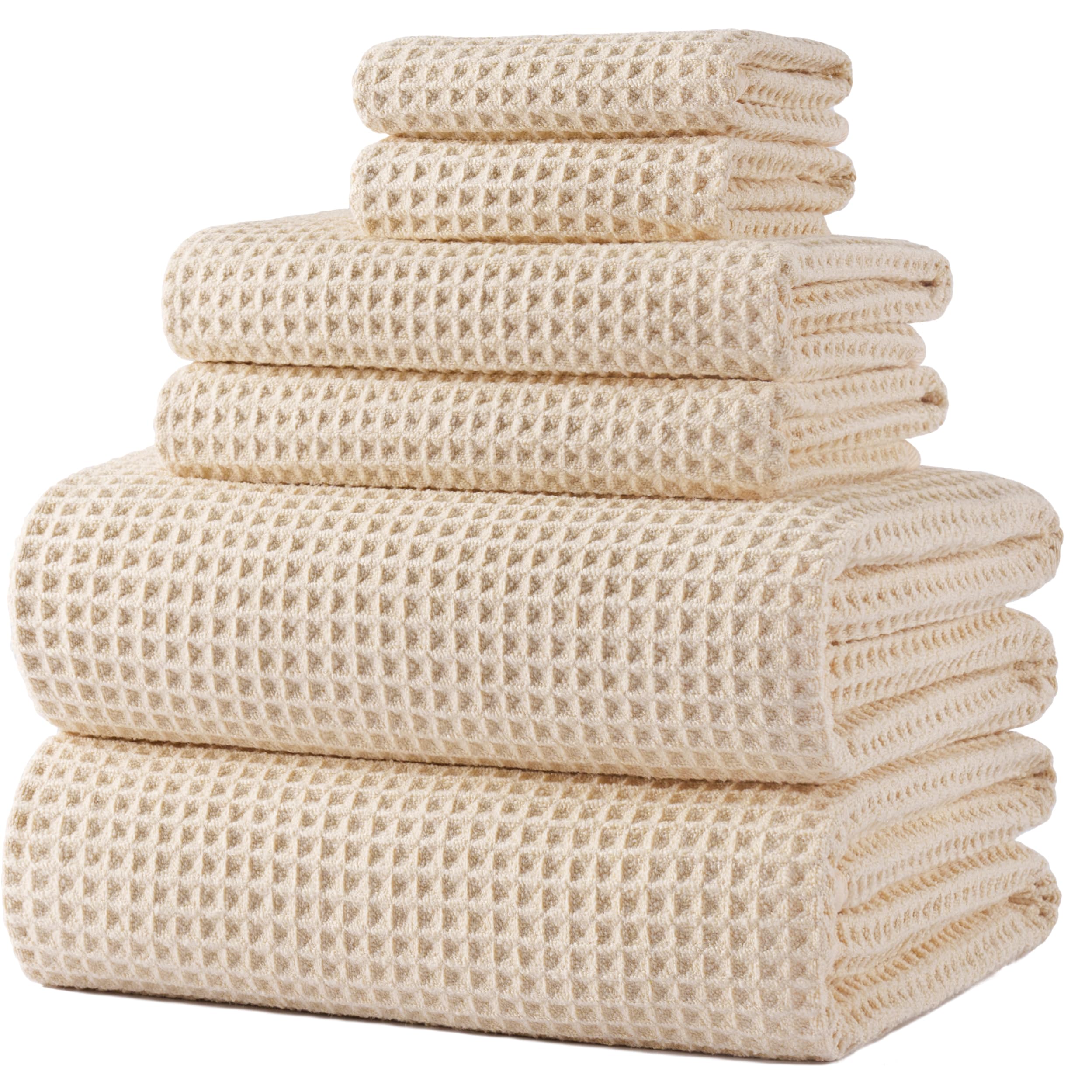 POLYTE 430 GSM Microfiber Quick Dry Lint Free Oversize Bath Towel Set, 6 Piece (Waffle Weave)