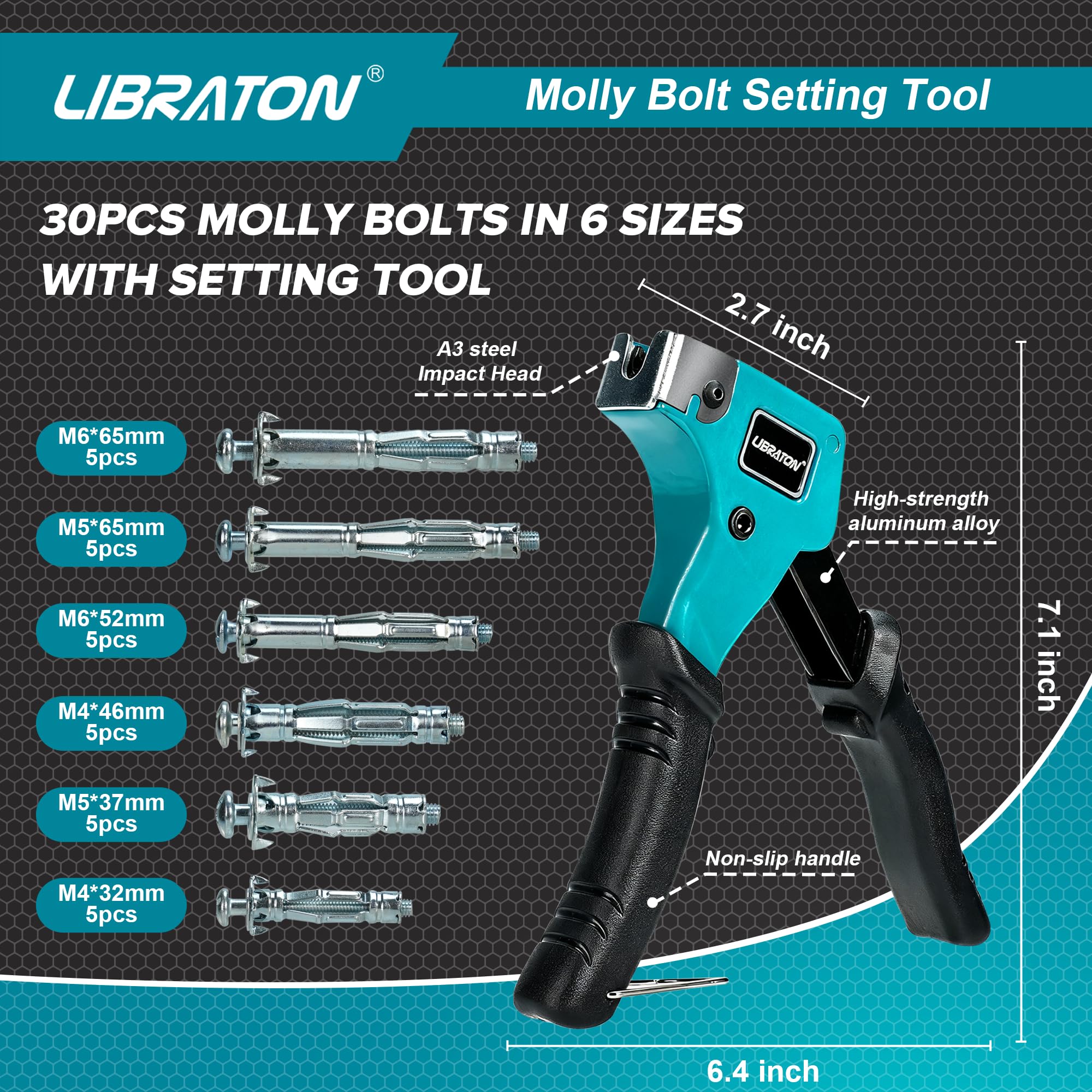 LIBRATON Kit de 30 Chevilles Molly Métalliques avec Pince, 6 Tailles Métalliques pour Placo/Plâtre (3-38mm), Ancrage Creux Charge Lourde 65 lbs, Pour TV, Étagère, Miroir