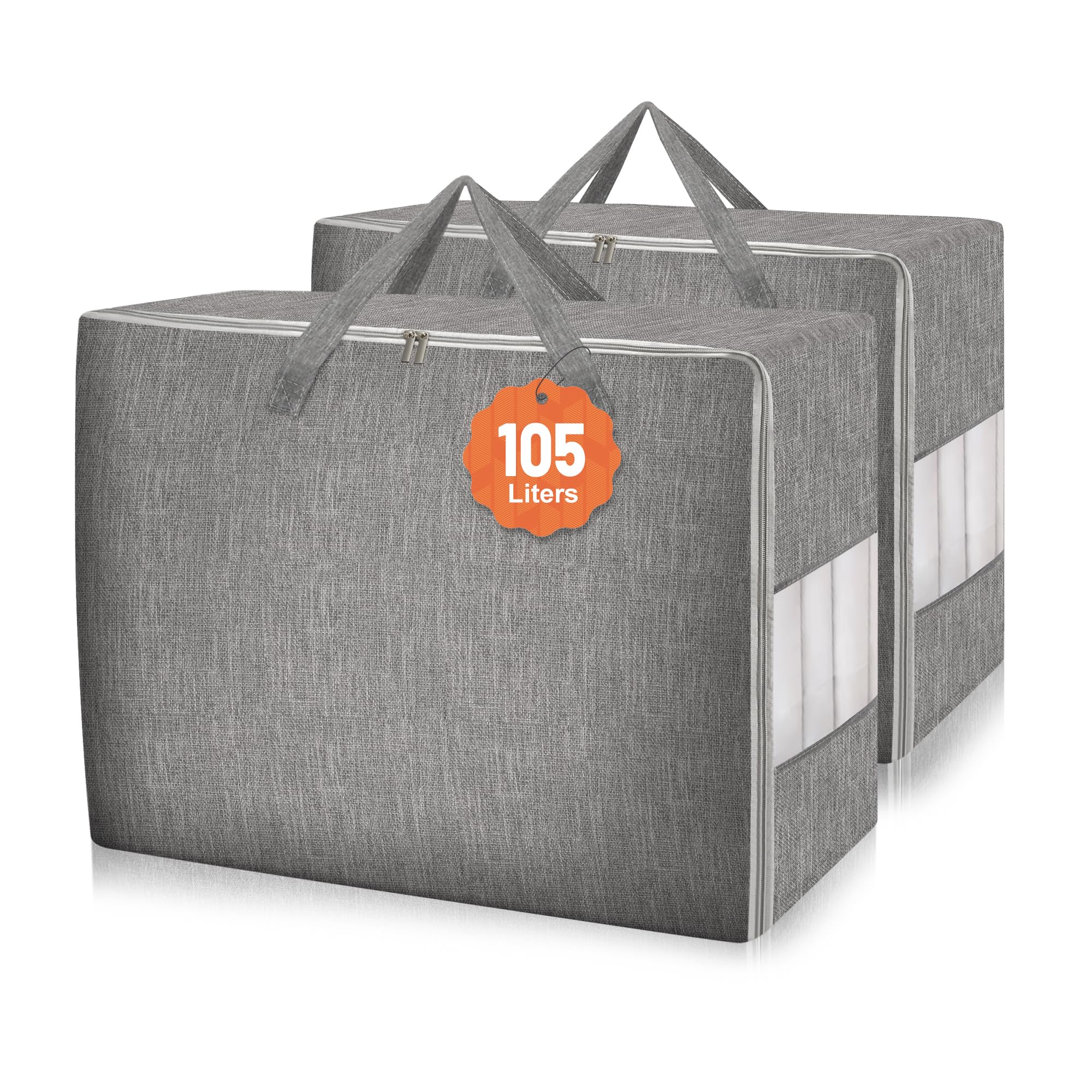 Karceyworth 2 Pack 105L Comforter Storage Bags, Extra Large Bedding Storage Bags with Clear Window, Reinforced Handles & Zippers, Foldable Closet