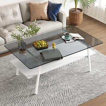 Glass Coffee Table, Rectangle Modern Glass Top Coffee Table with Shelf 2-Tier Tea Table Modern Side Coffee Table with Matel Legs for Office, Living Room Grey/White