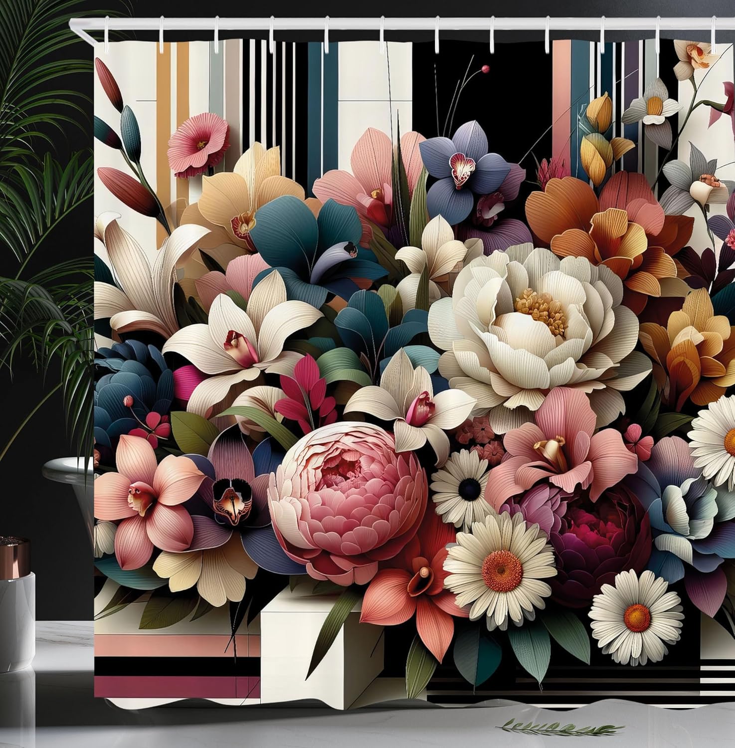 Ambesonne Modern Shower Curtain, Colorful Jumble of Garden Aura Leafy Spring Floral on Abstract Lines, Cloth Fabric Bathroom Decor Set with Hooks, 69" W x 84" L, Rose Eggshell Multicolor